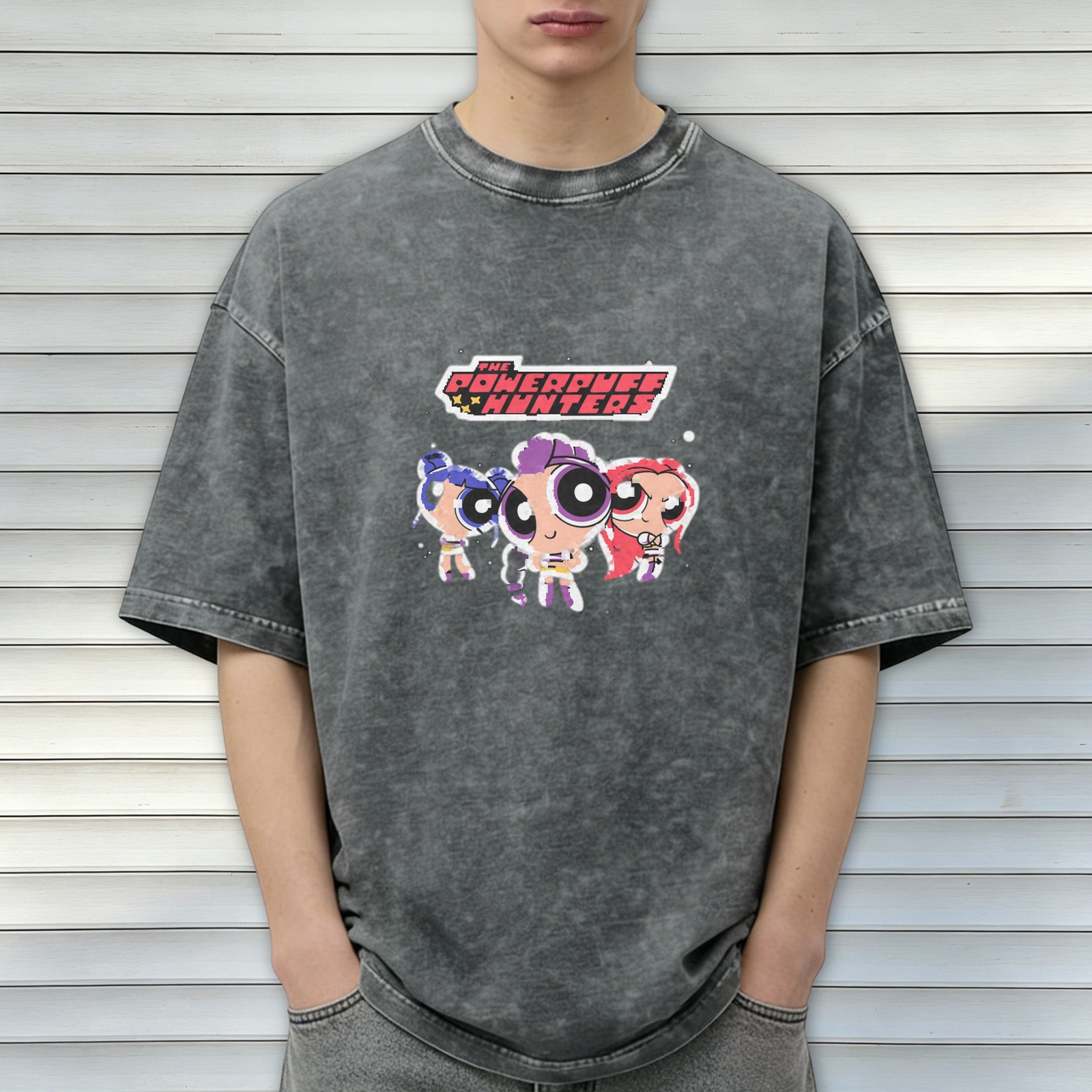 Powerpuff Hunters Graphic Washed Black Oversized T-Shirt
