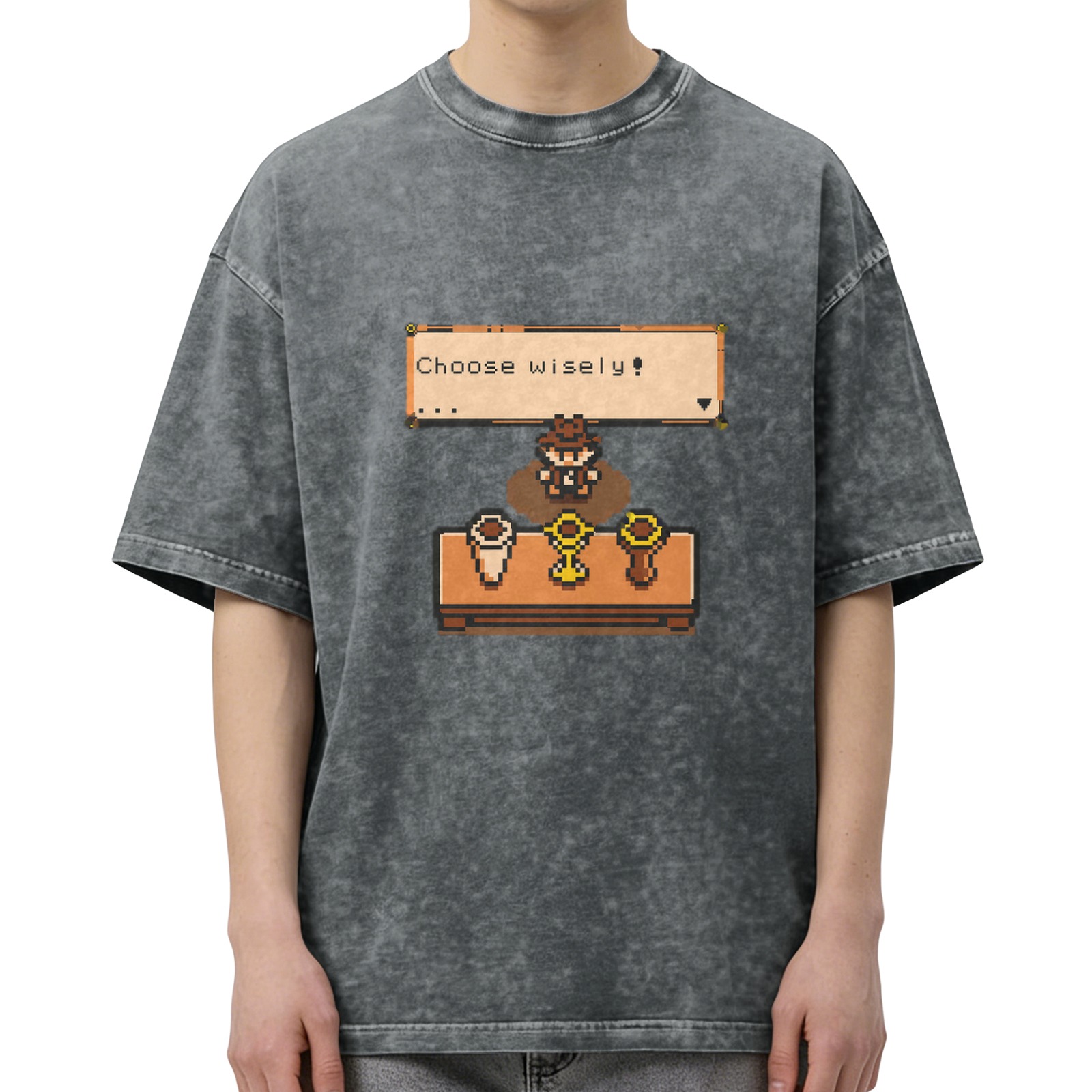 Retro Pixel Art Choose Wisely Graphic Dark Wash T-Shirt