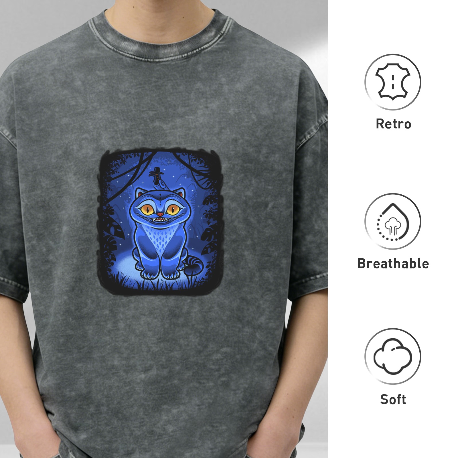 oversized black acid wash t-shirt with blue fantasy cat graphic