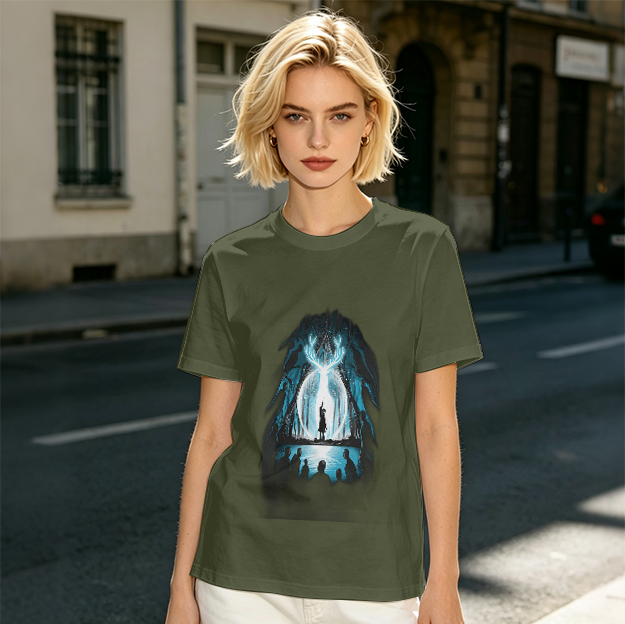 Olive T-Shirt With Glowing Deer Patronus Silhouette Art Print