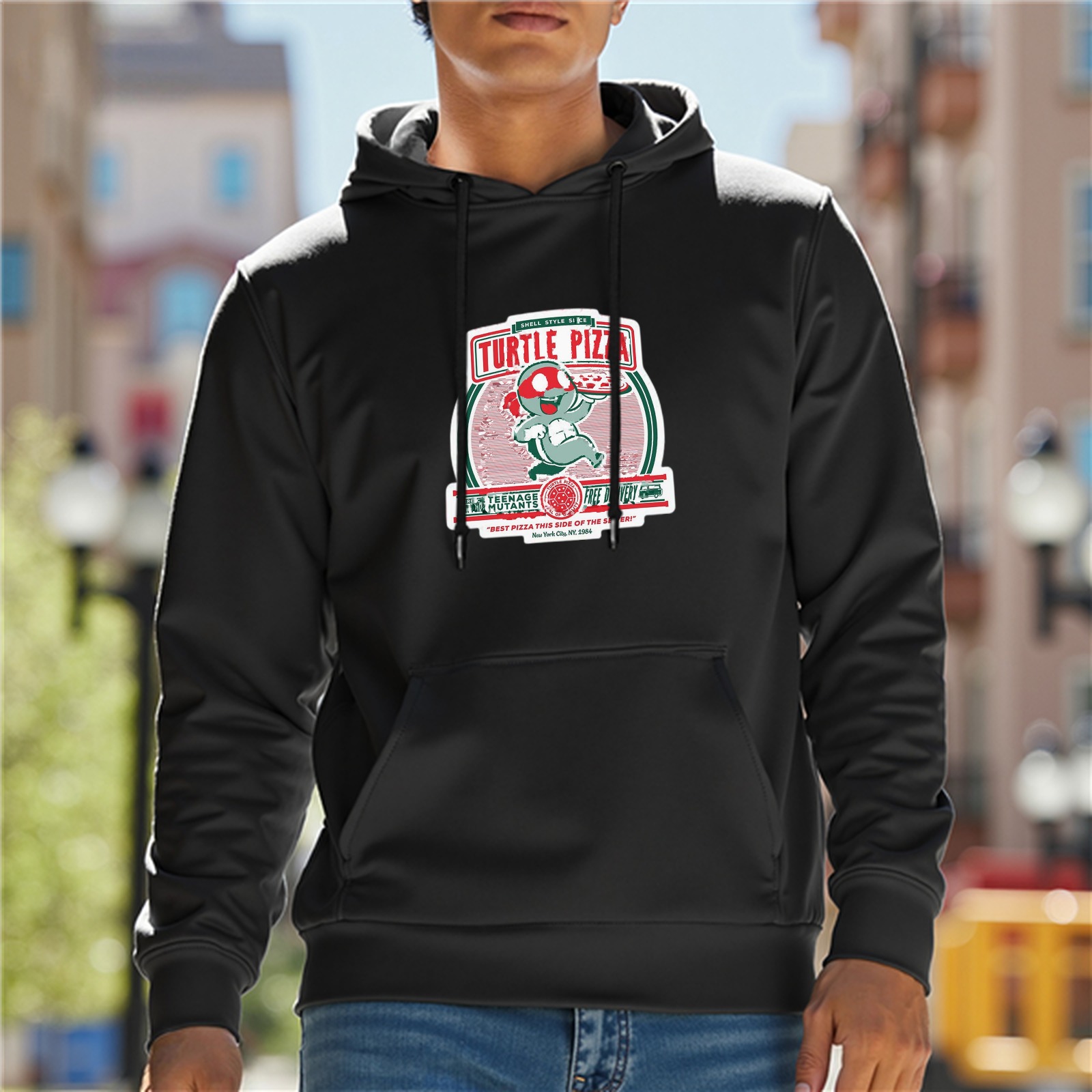 Black hoodie with Turtle Pizza graphic print