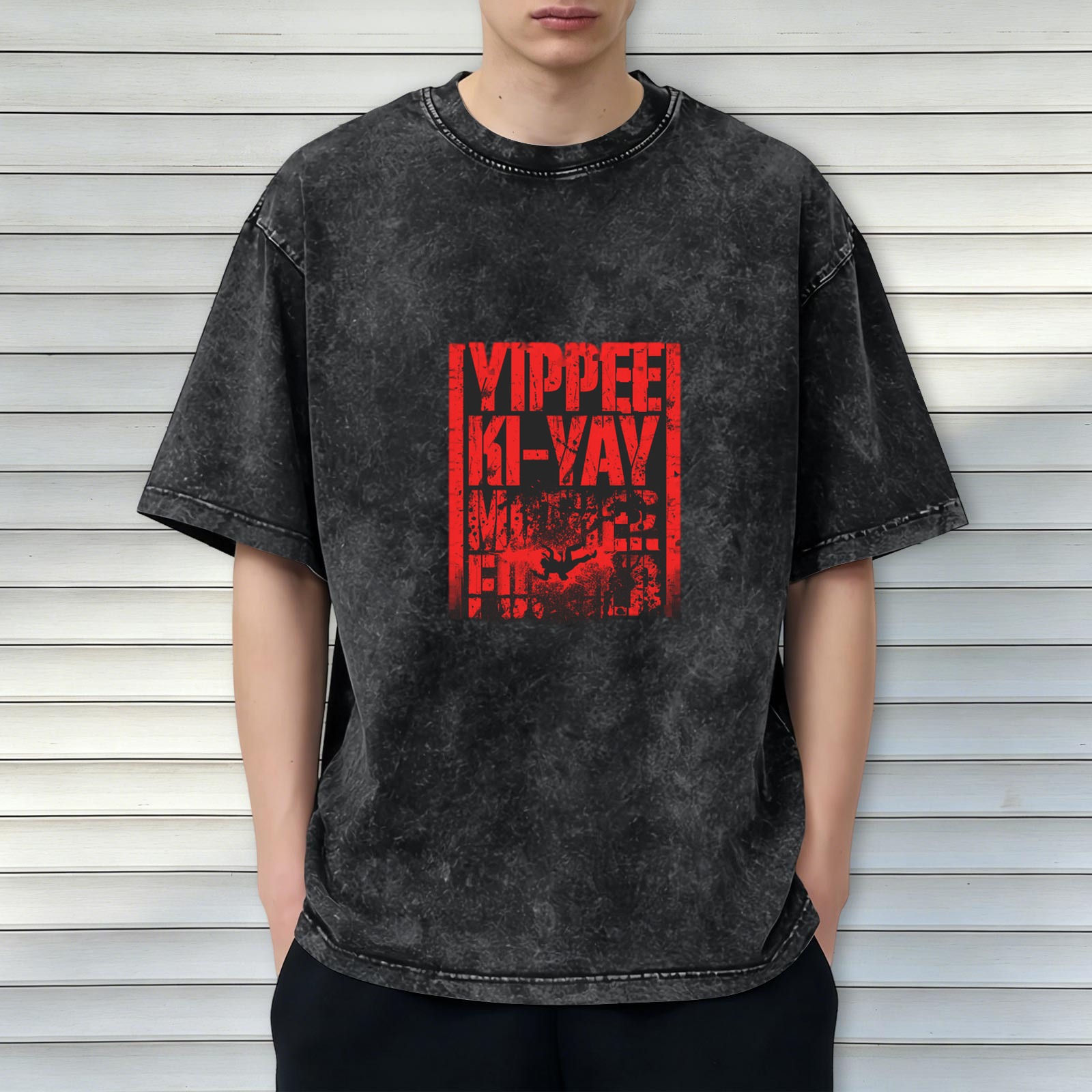 Distressed washed black short-sleeved T-shirt printed YIPPEE KI-YAY theme pattern casual loose style