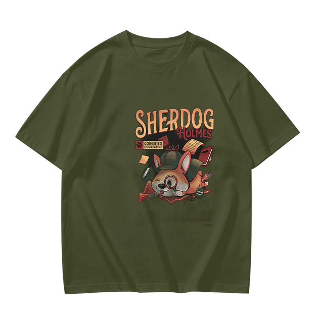 Olive T-Shirt with Sherdog Holmes Detective Dog Graphic Print