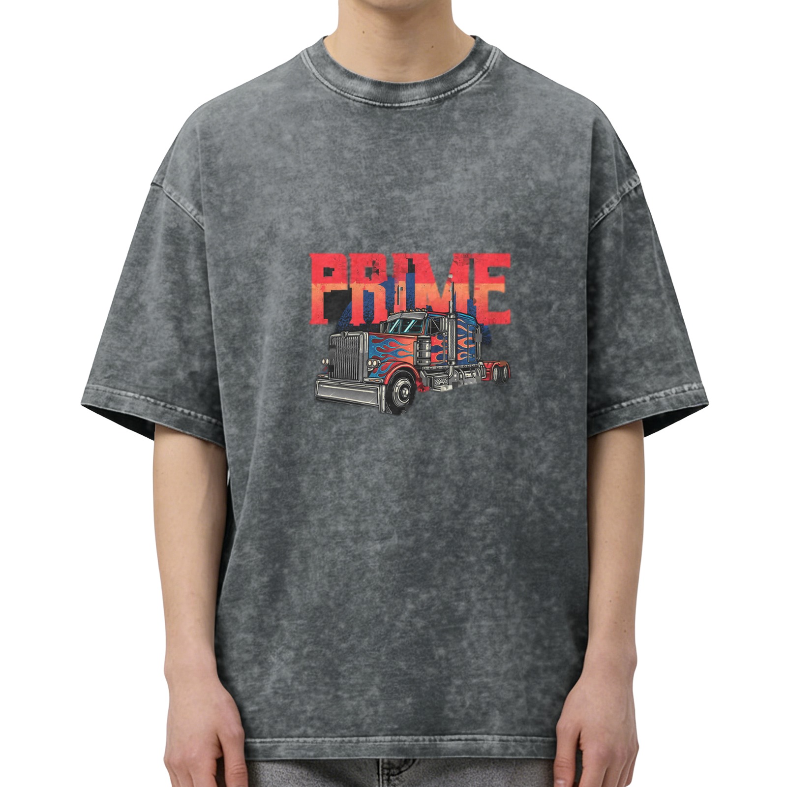 Washed Black T-Shirt with PRIME Text and Semi Truck Graphic