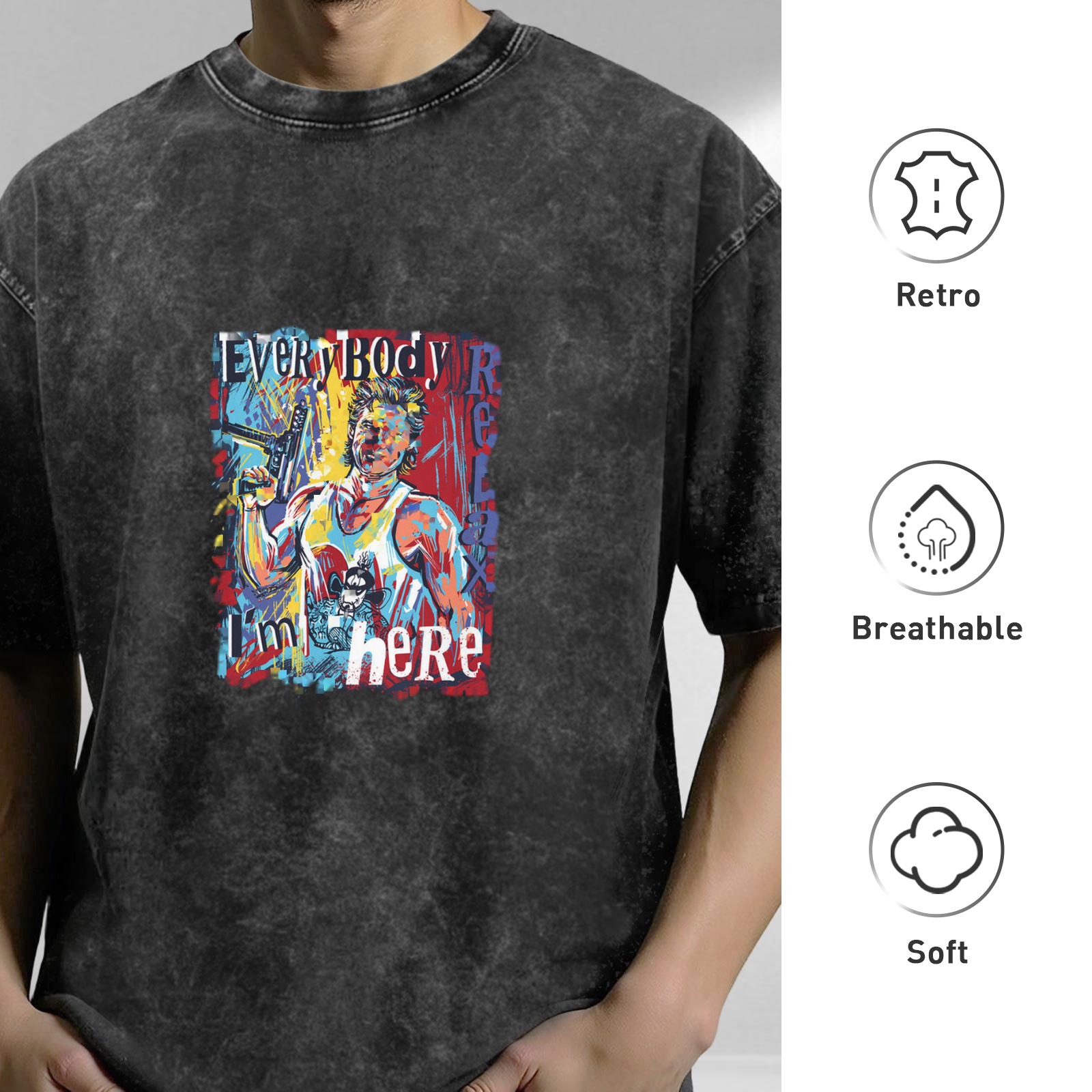 Washed Black Graphic T-Shirt with Everybody Relax I'm Here Art Print