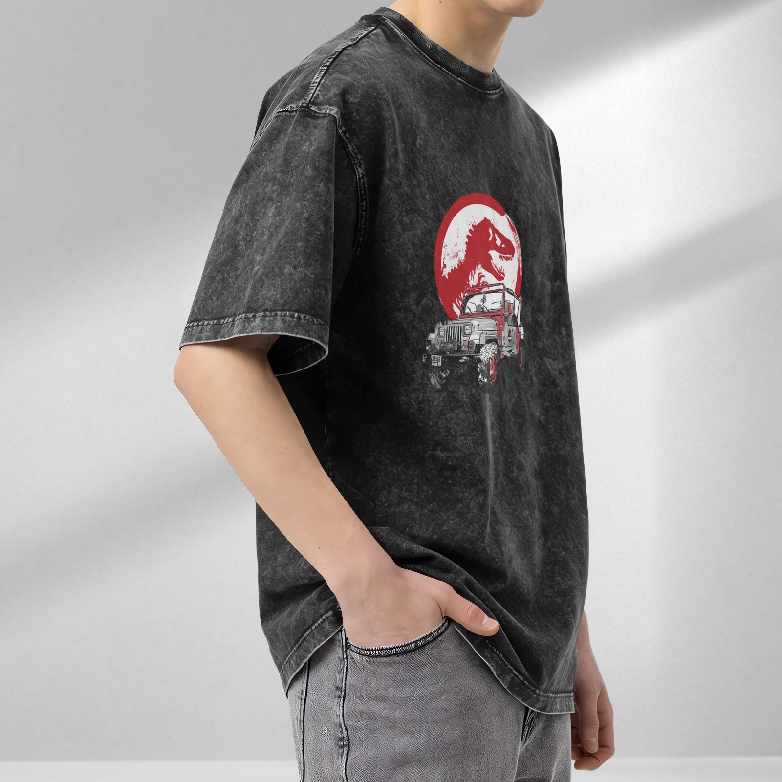 Washed Black T-Shirt with Dinosaur and Off-Road Jeep Graphic