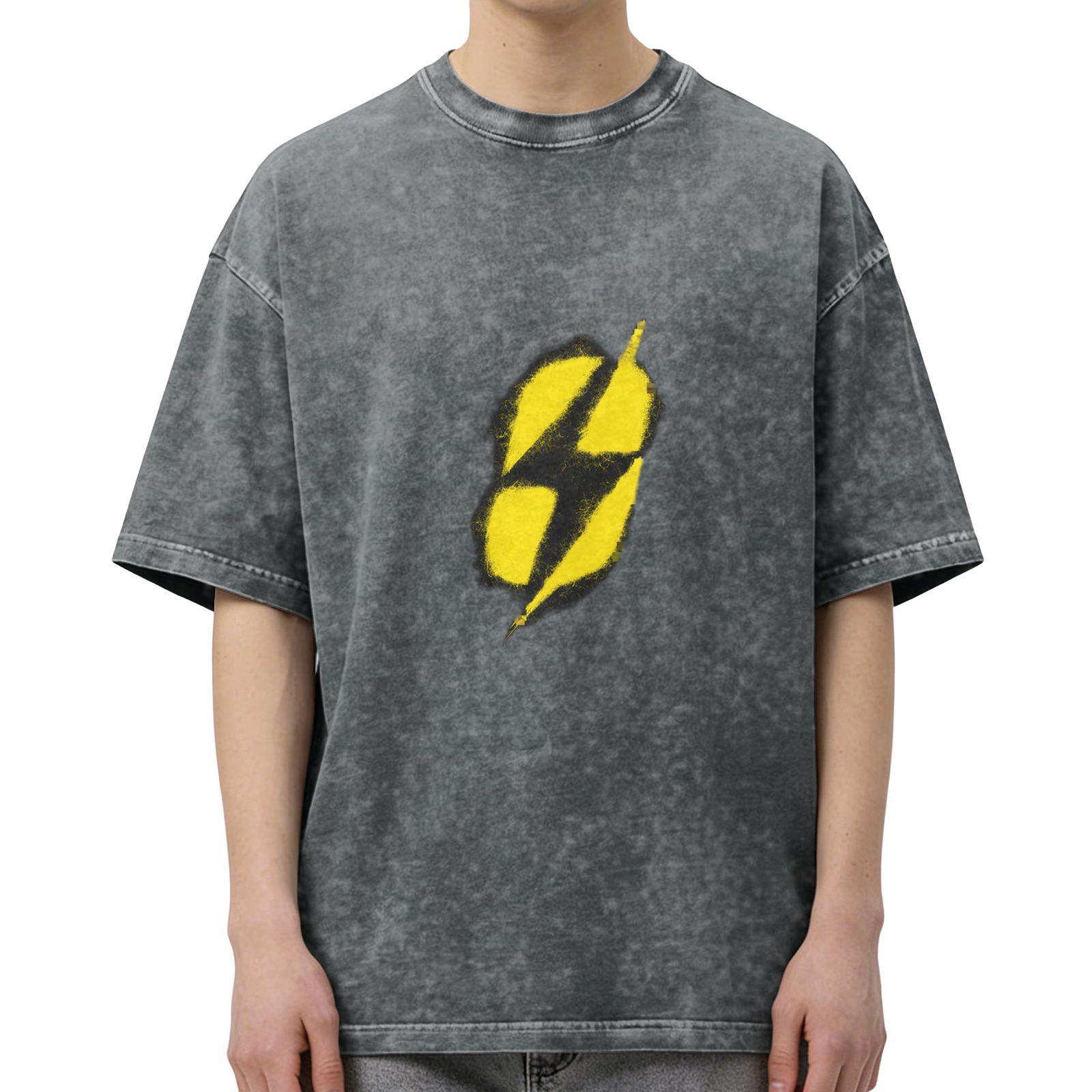 Washed Black T-Shirt With Yellow Lightning Bolt Graphic