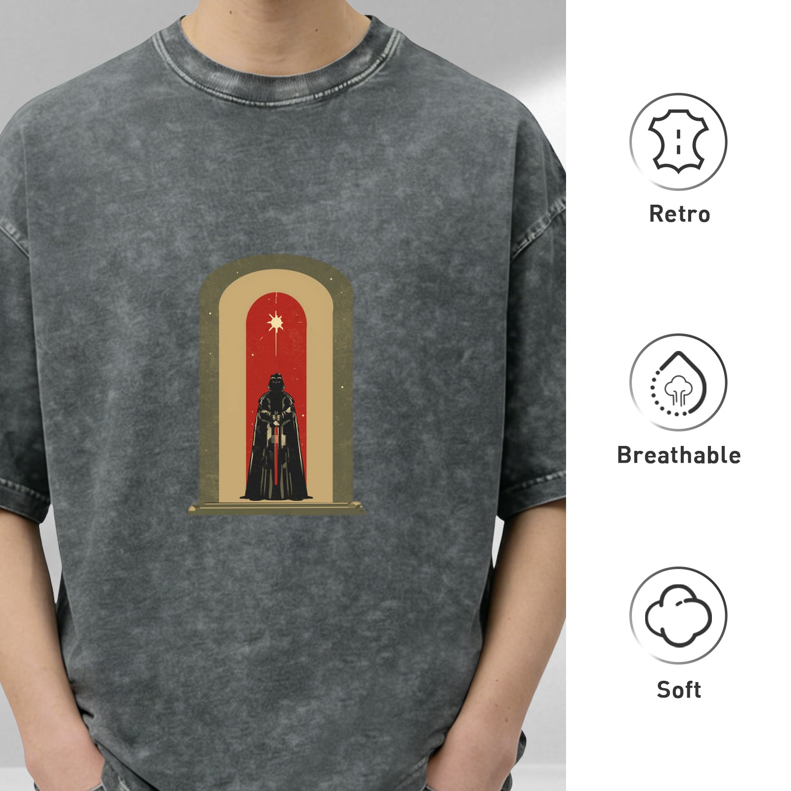 Washed black t-shirt with archway and dark warrior graphic