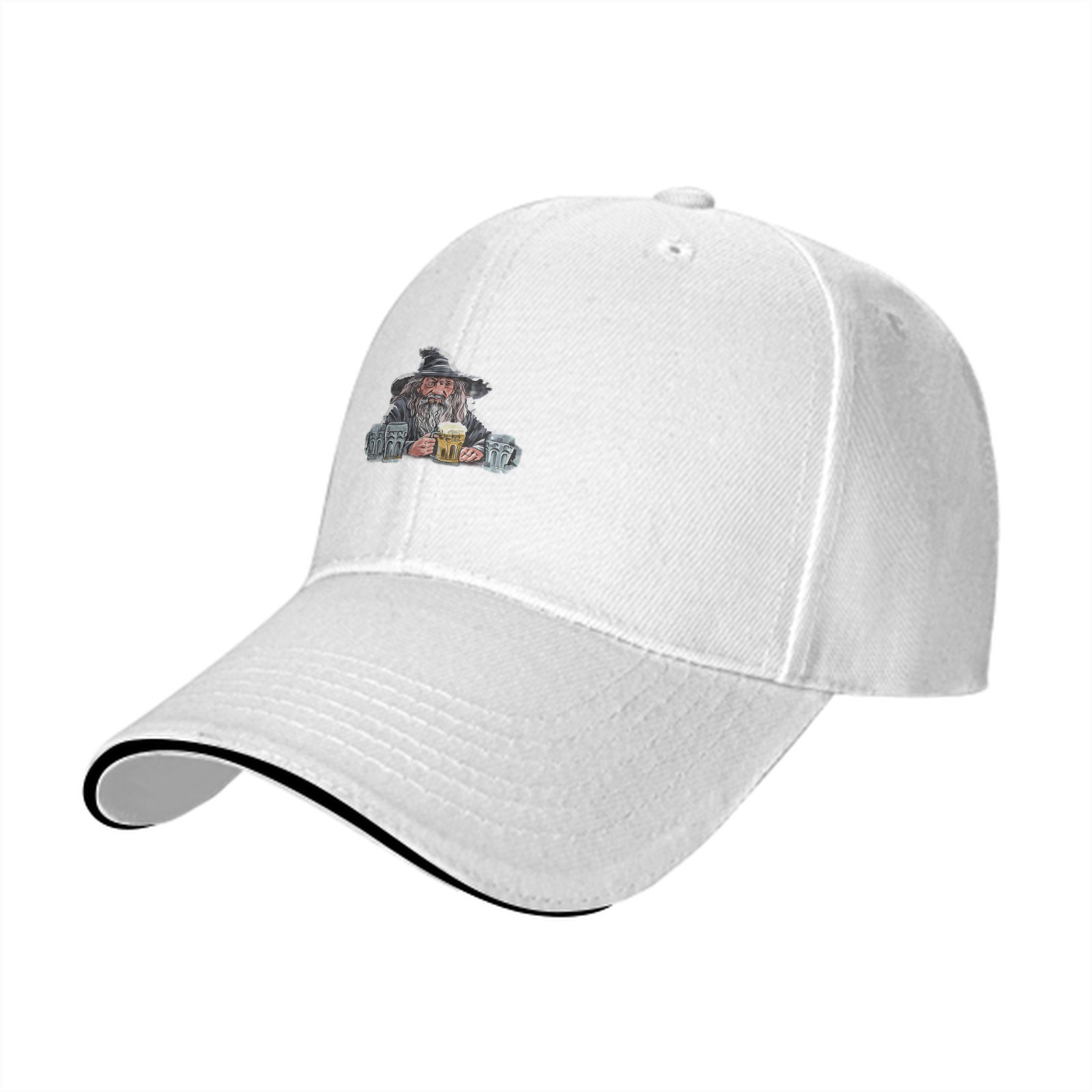 Black baseball cap with wizard holding beer mugs graphic
