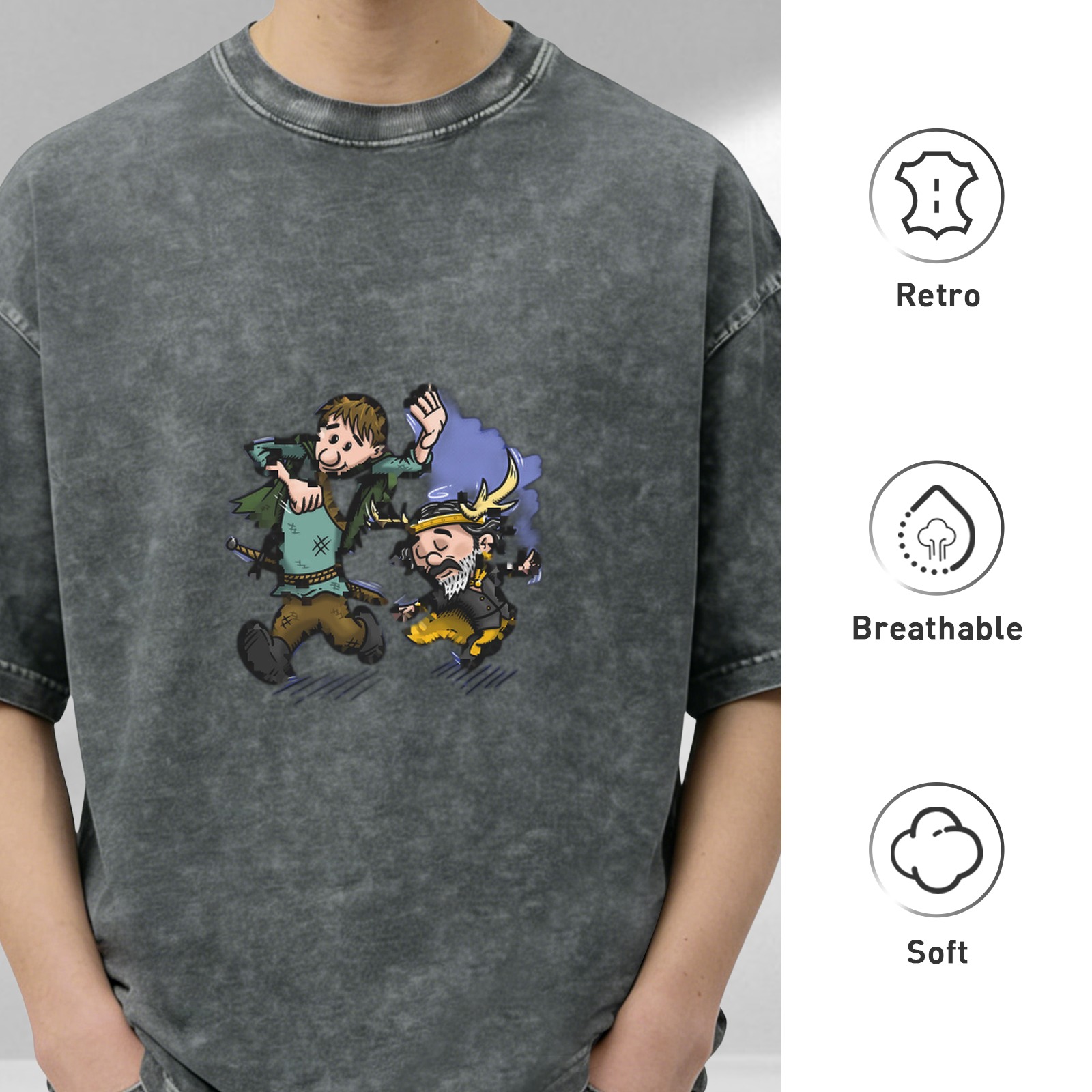 Washed Black T-Shirt With Cartoon Fantasy Character Print