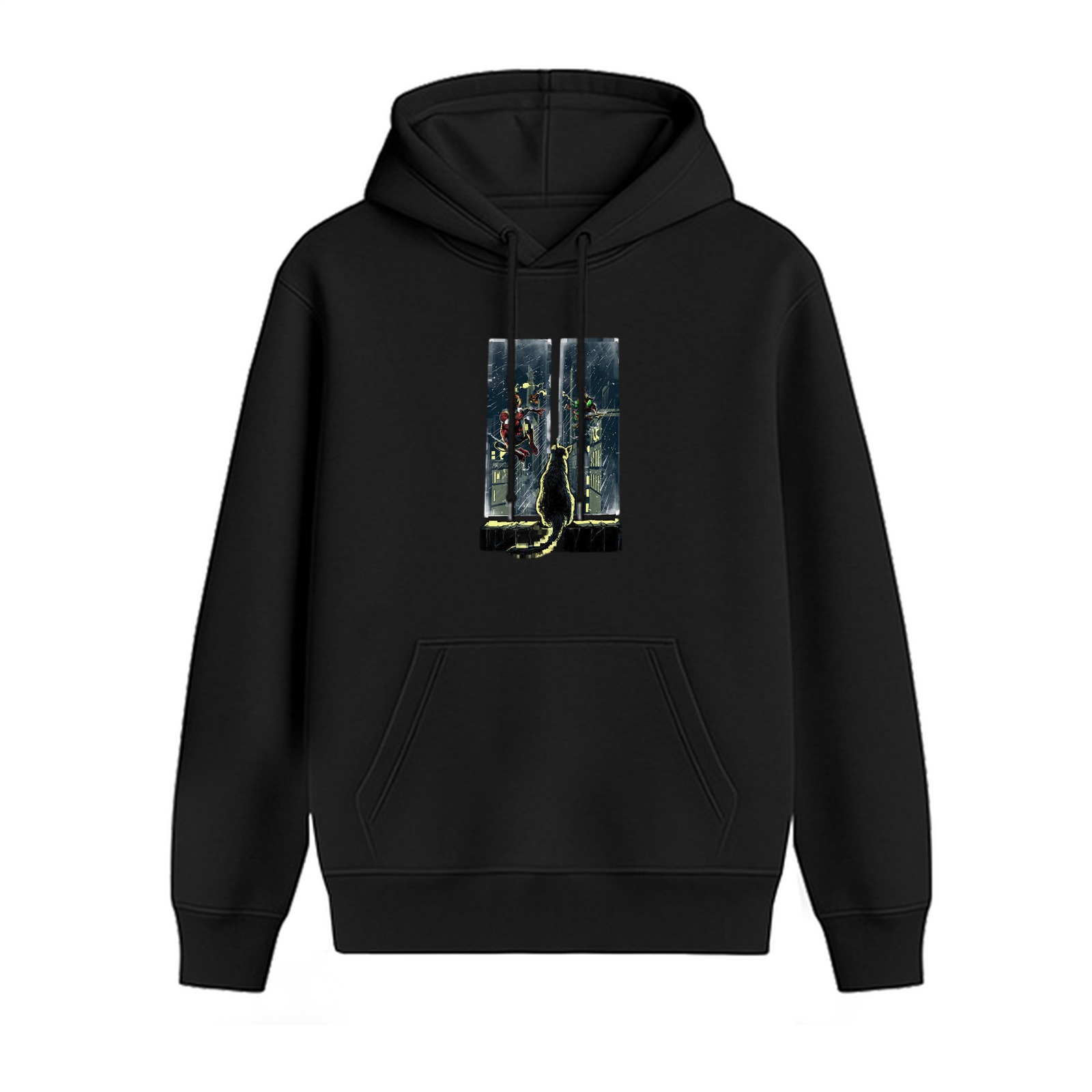 Black hoodie with cat and spider themed window print