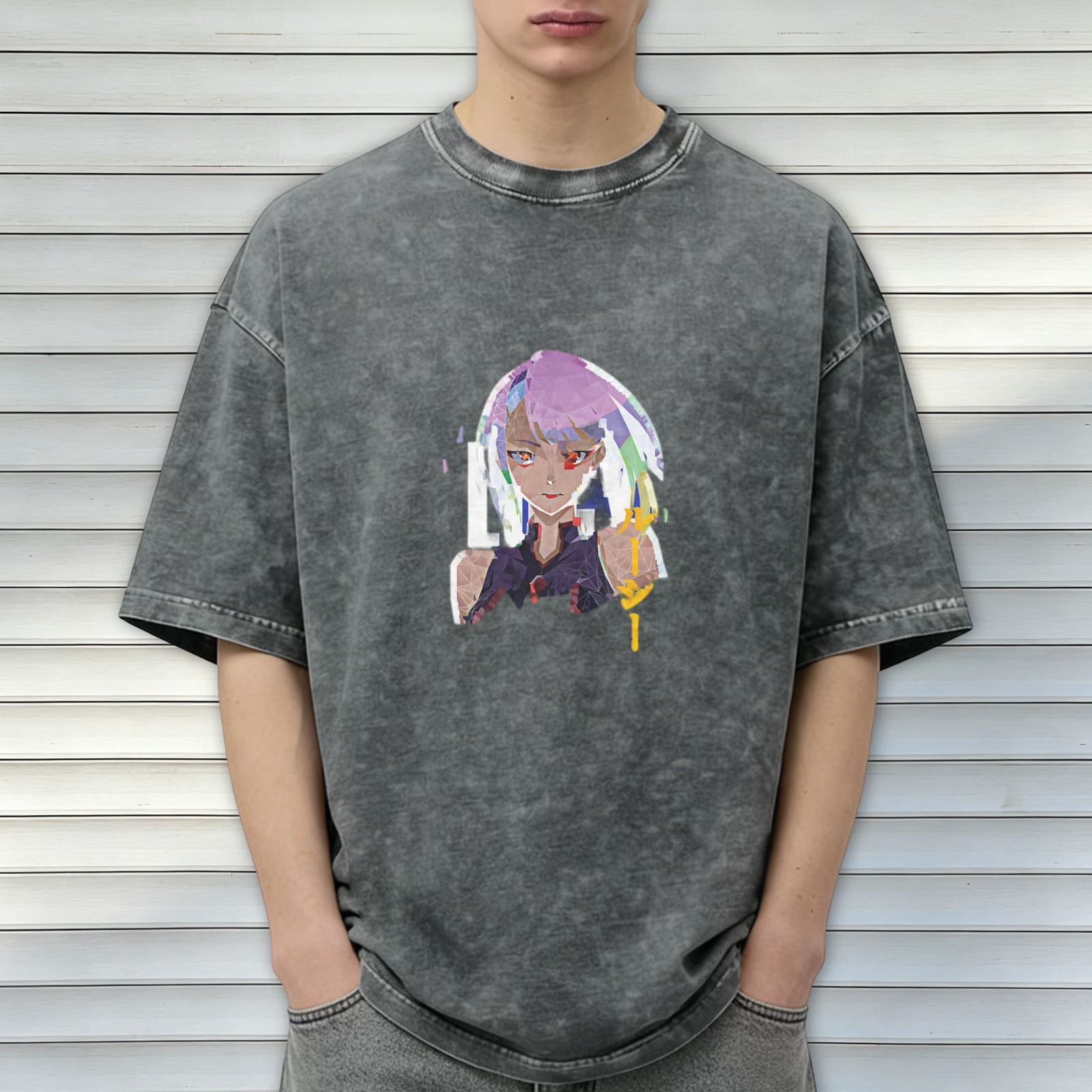 Cyberpunk Anime Character Graphic Oversized Washed Black T-Shirt