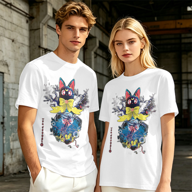 Olive T-Shirt with Black Cat Anime Art Print