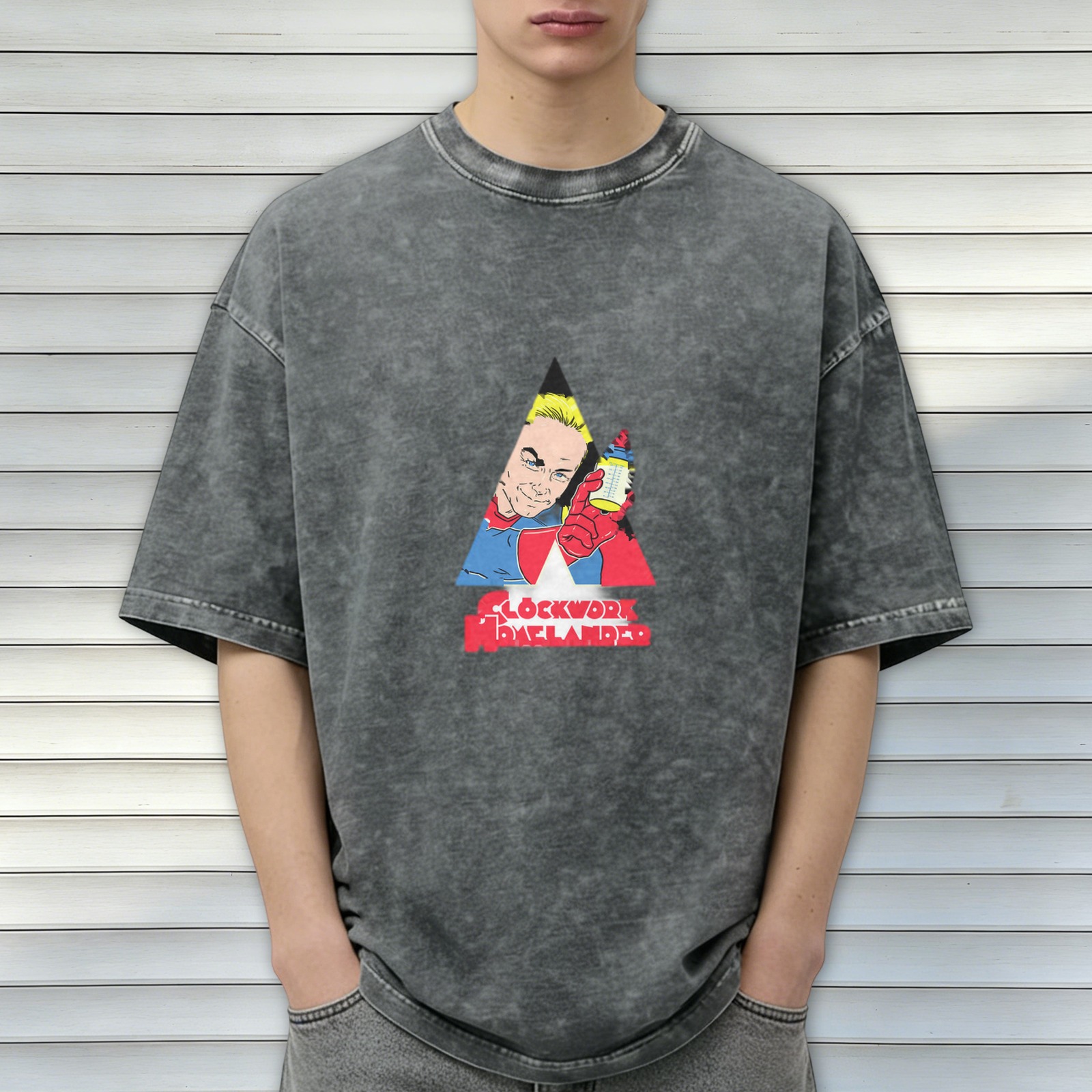 Oversized acid wash t-shirt with Clockwork Homelander graphic print