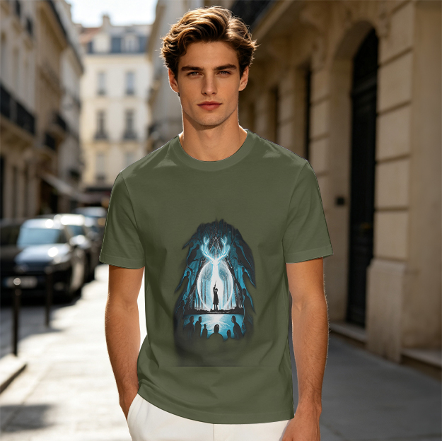 Olive T-Shirt With Glowing Deer Patronus Silhouette Art Print