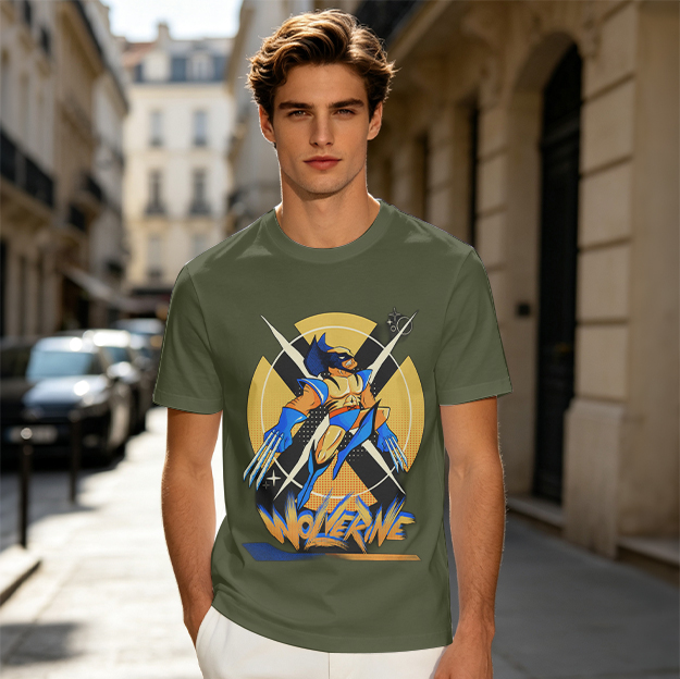 Olive Wolverine Graphic T-Shirt Featuring X-Men Symbol Art