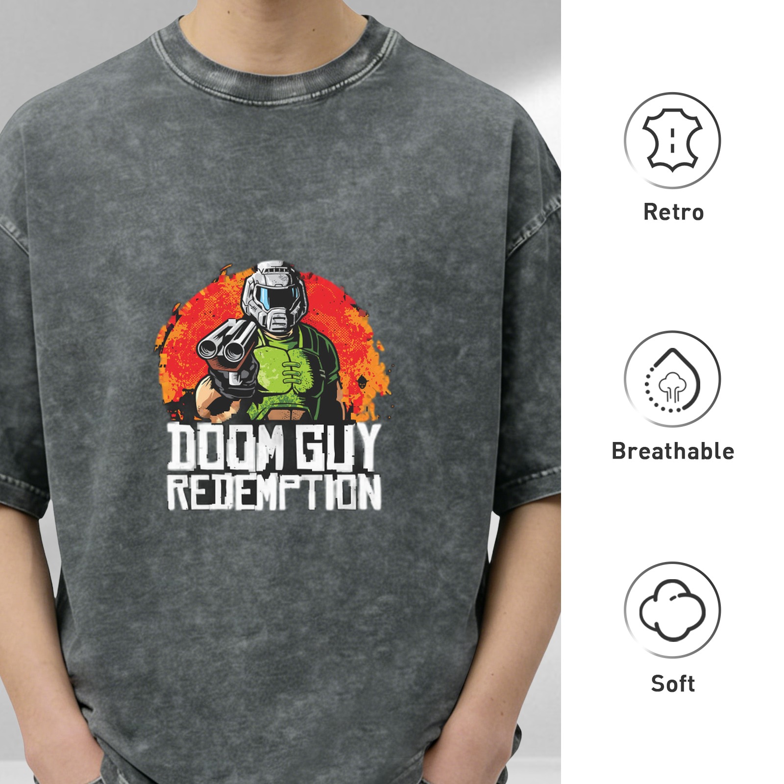 Doom Guy Redemption Graphic Acid Wash Black T-Shirt