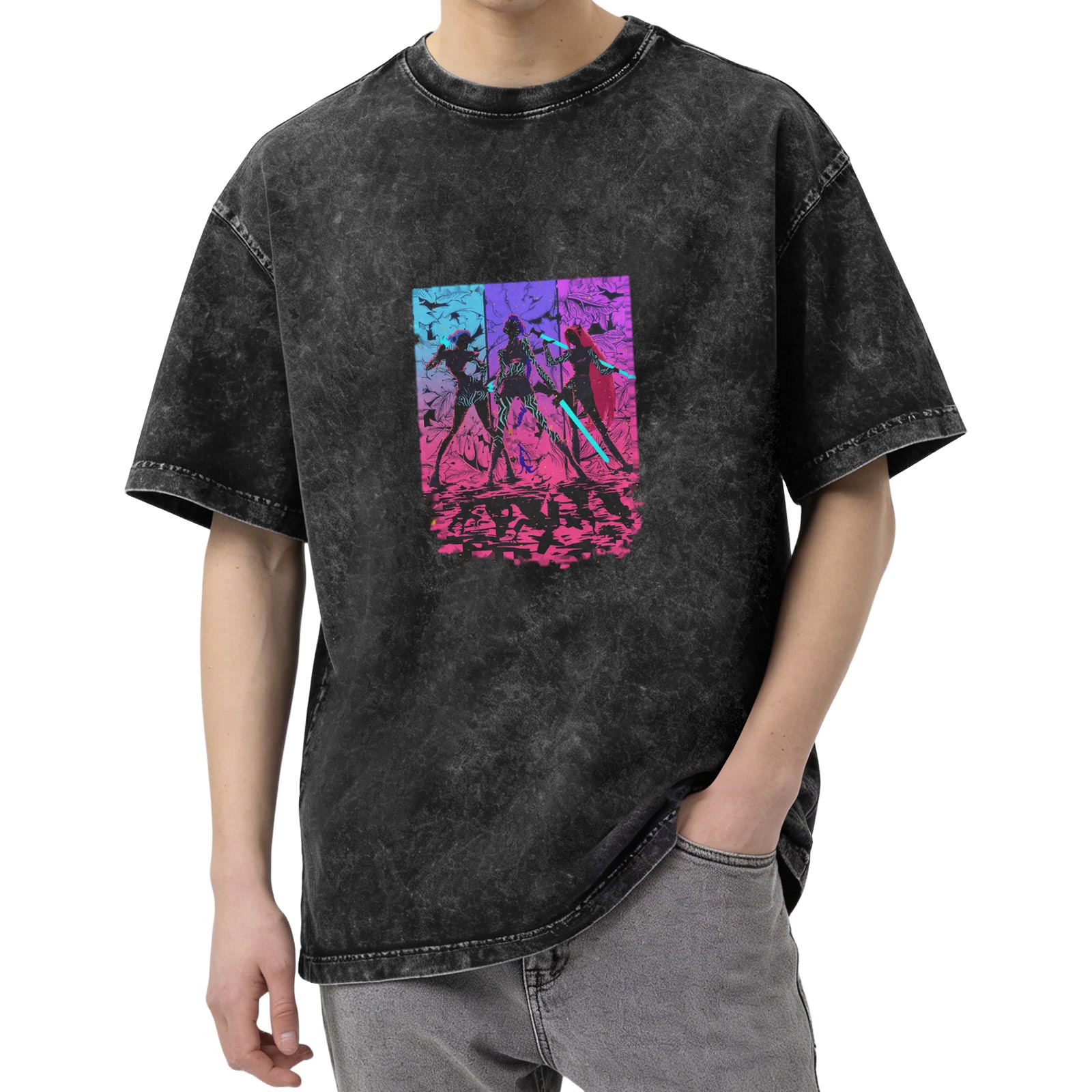 Distressed washed black cyber style anime character printed short-sleeved T-shirt