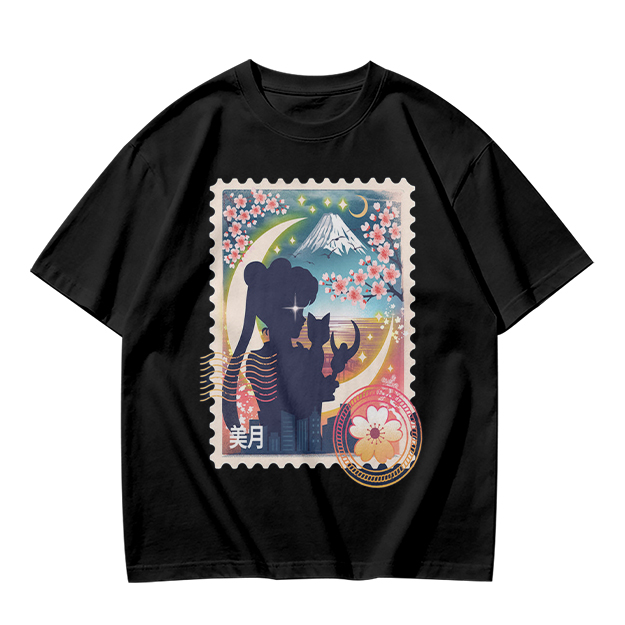 Olive T-shirt with Japanese stamp-style anime graphic print