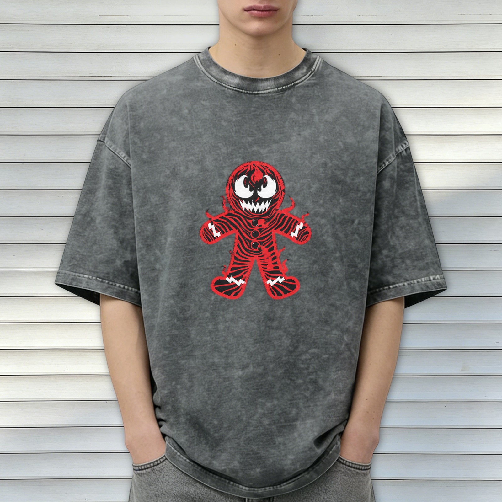 Oversized Acid Wash T-Shirt With Evil Gingerbread Man Print