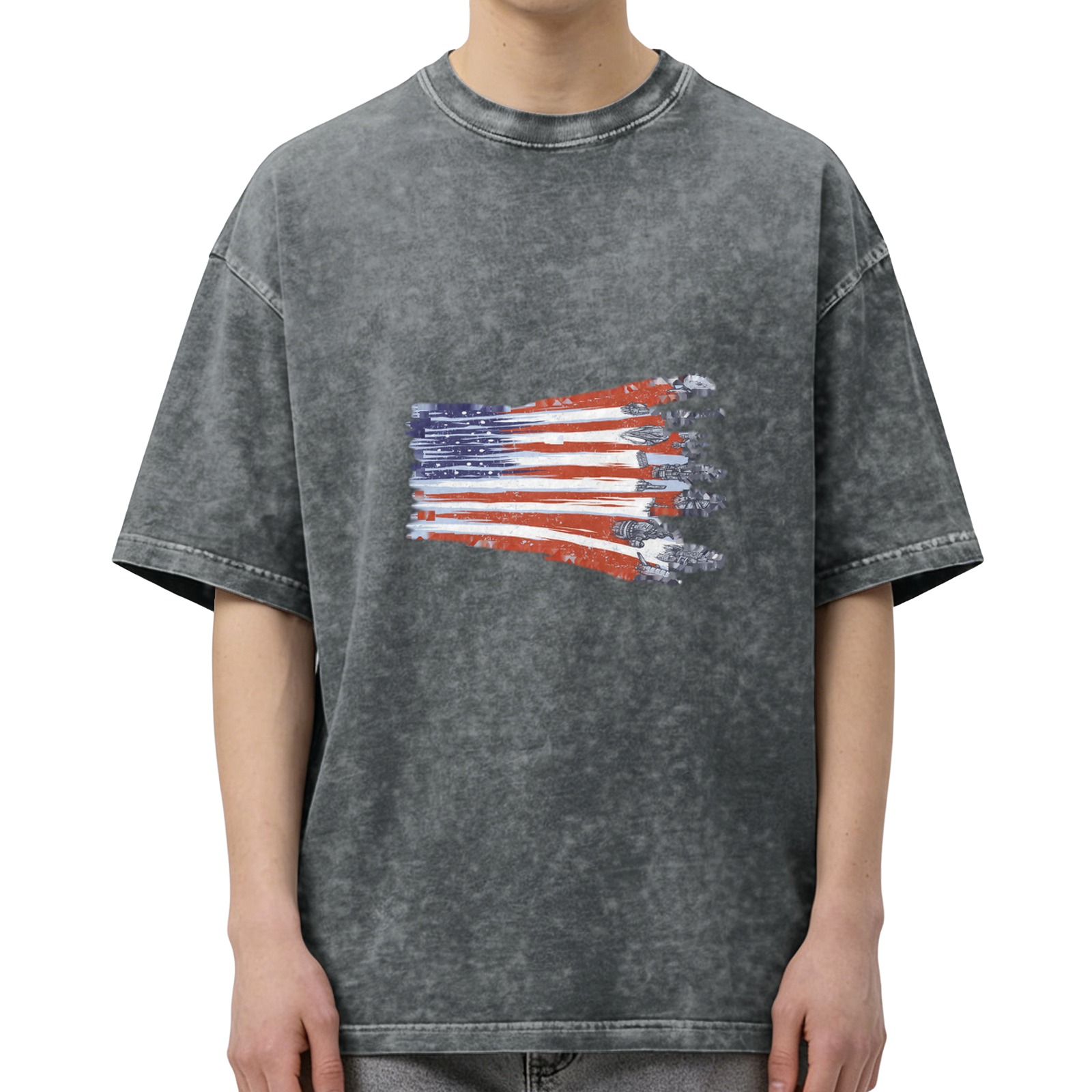 Distressed washed black American flag printed loose short-sleeved T-shirt