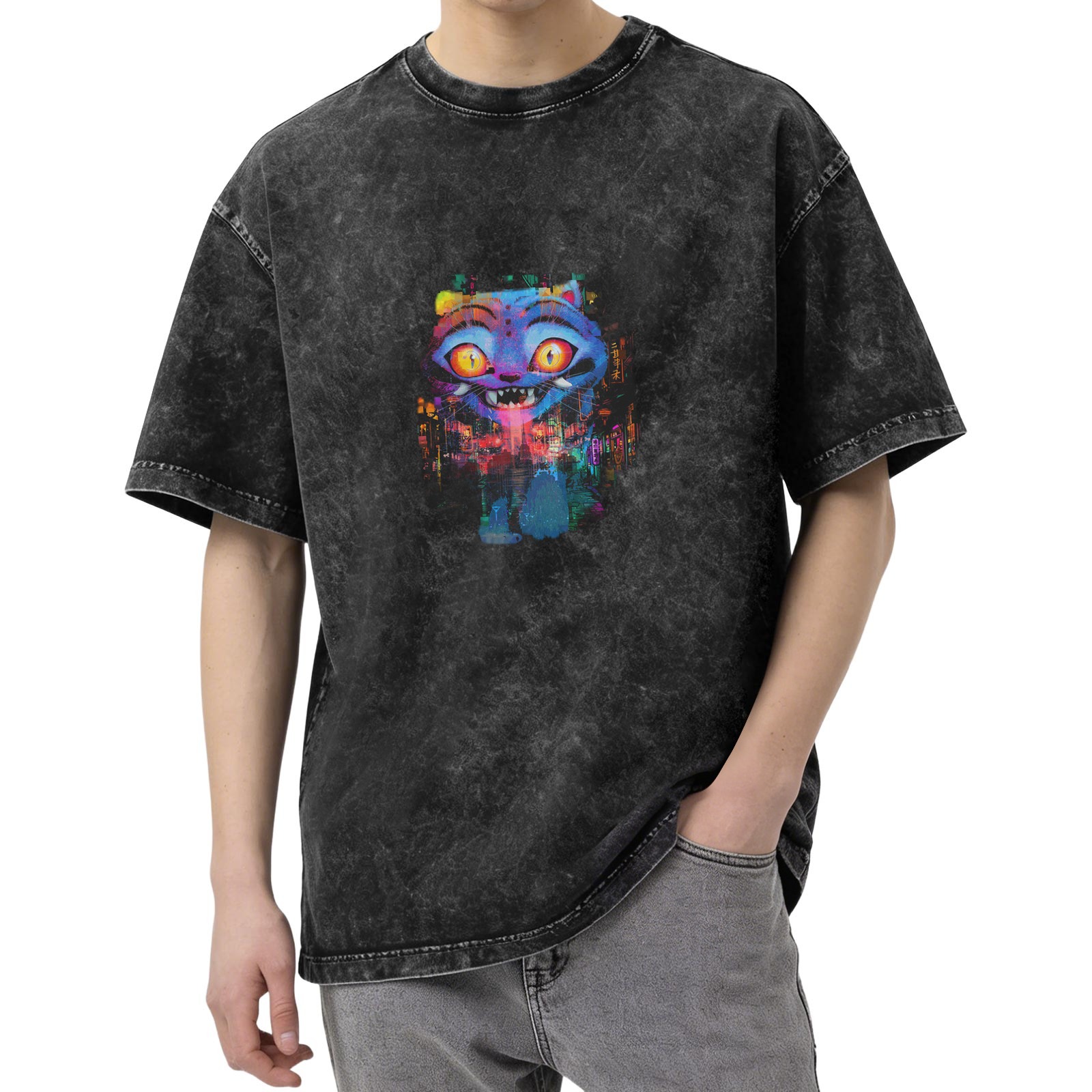 Oversized Acid Wash T-Shirt With Colorful Cheshire Cat Graphic