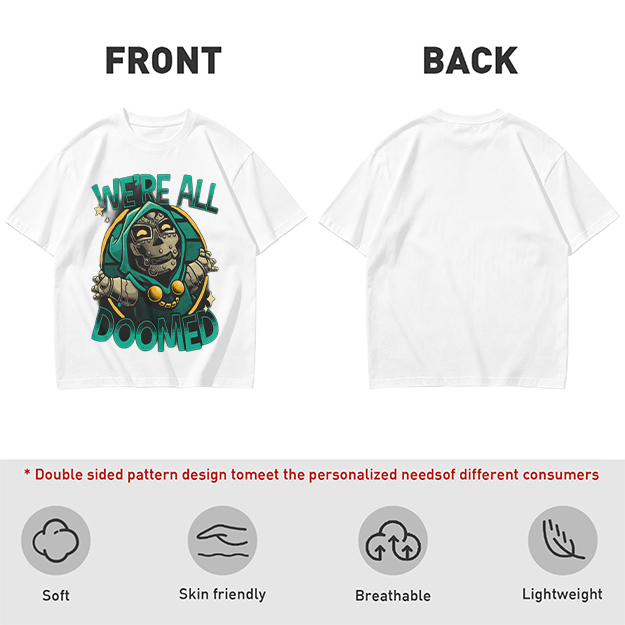 Olive T-Shirt Featuring 'We're All Doomed' Doom Character Art