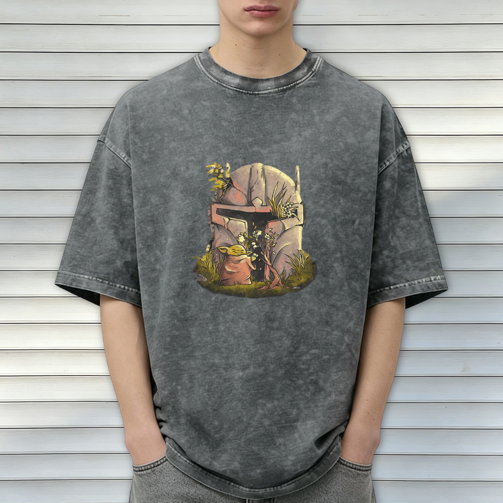 Star Wars Baby Yoda Mandalorian Helmet Graphic Acid Wash T-Shirt