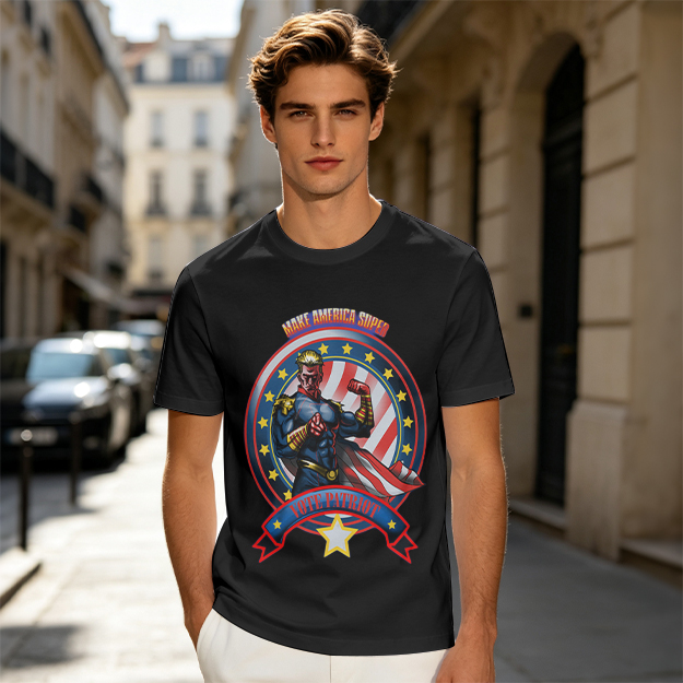 Olive t-shirt with patriotic superhero 'Make America Super' graphic