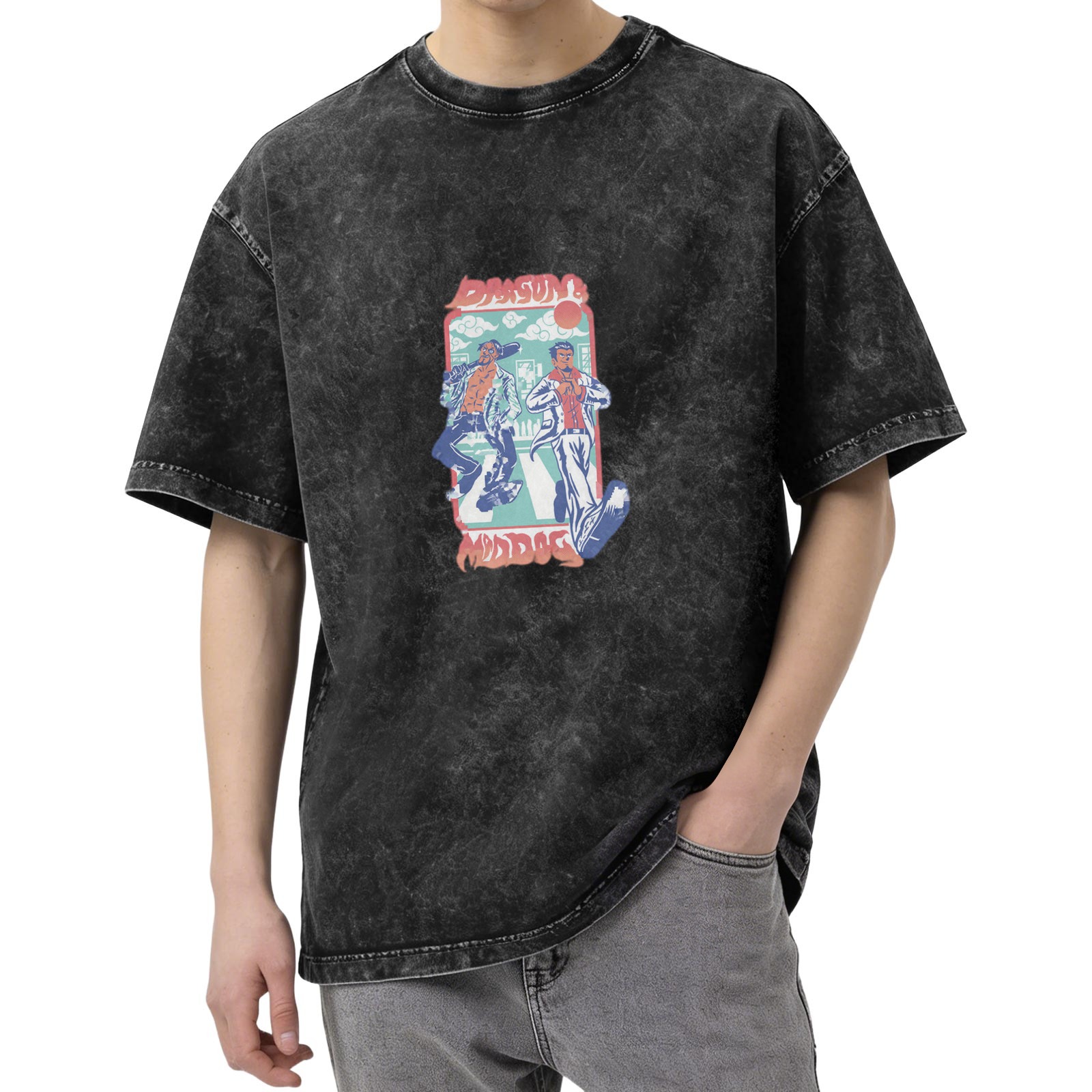 Vintage Washed Graphic T-Shirt with Retro Street Characters Print