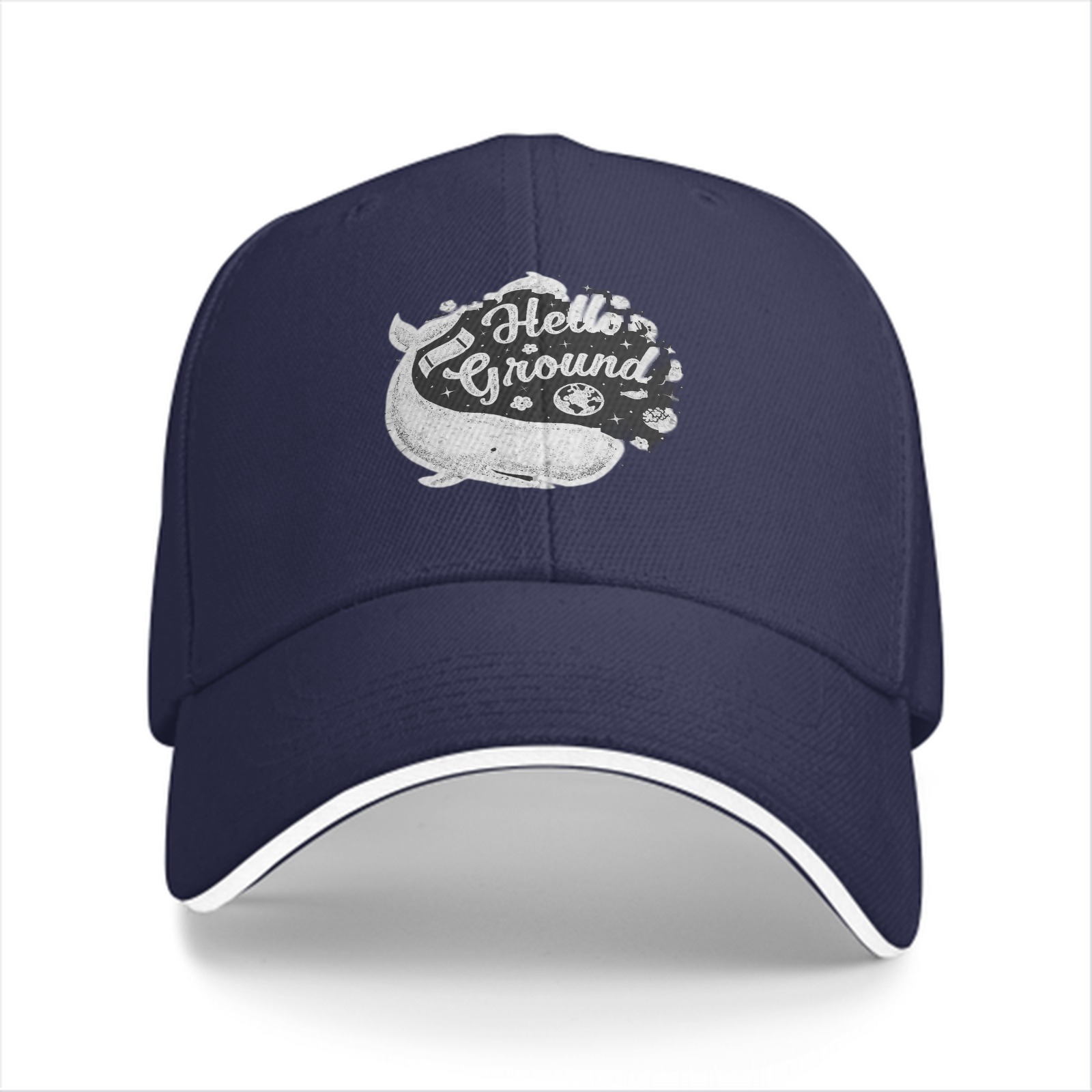 Black baseball cap with Hello Ground whale graphic print
