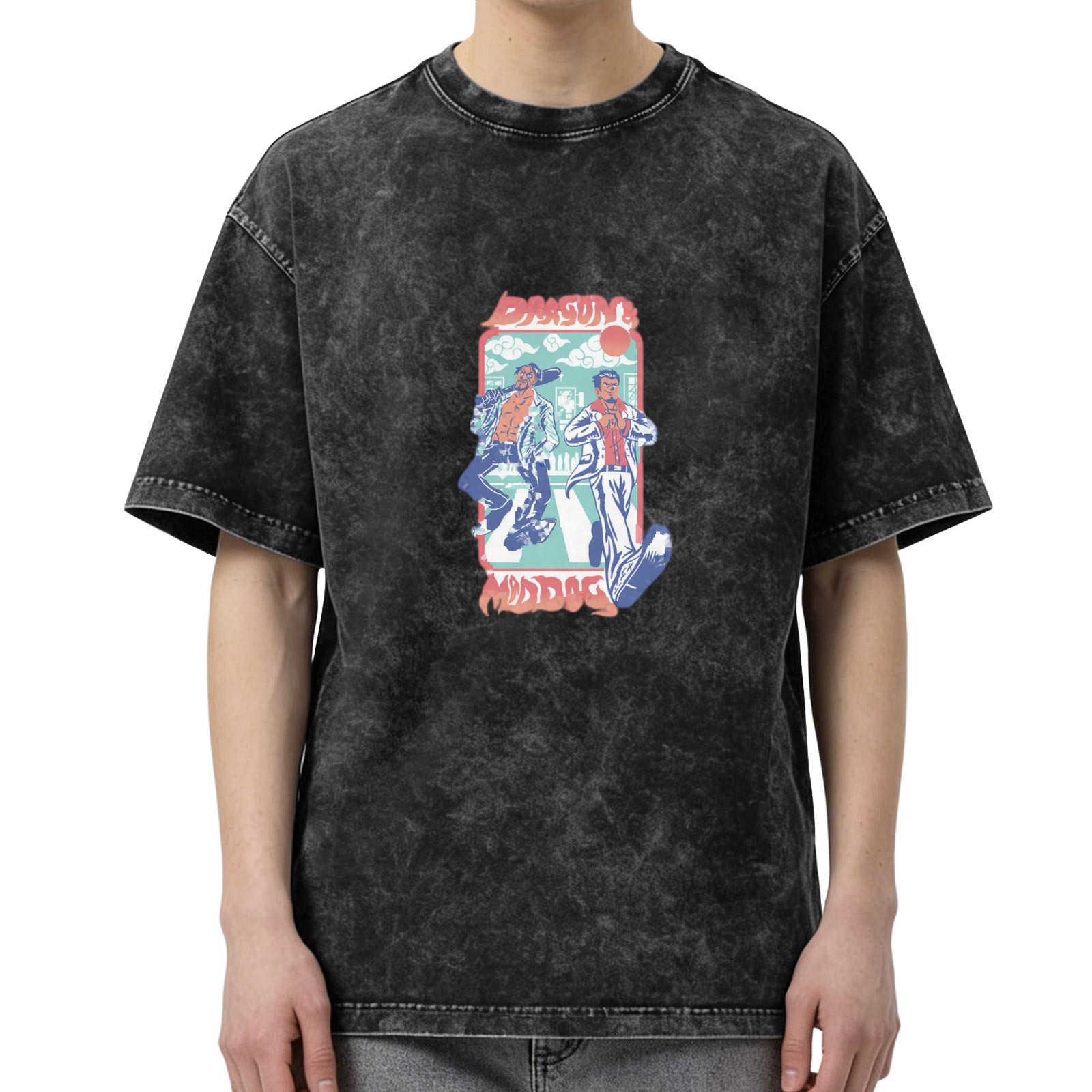 Vintage Washed Graphic T-Shirt with Retro Street Characters Print