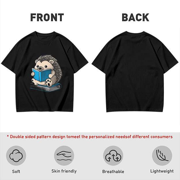 Olive T-shirt with Cute Hedgehog Reading a Book Graphic