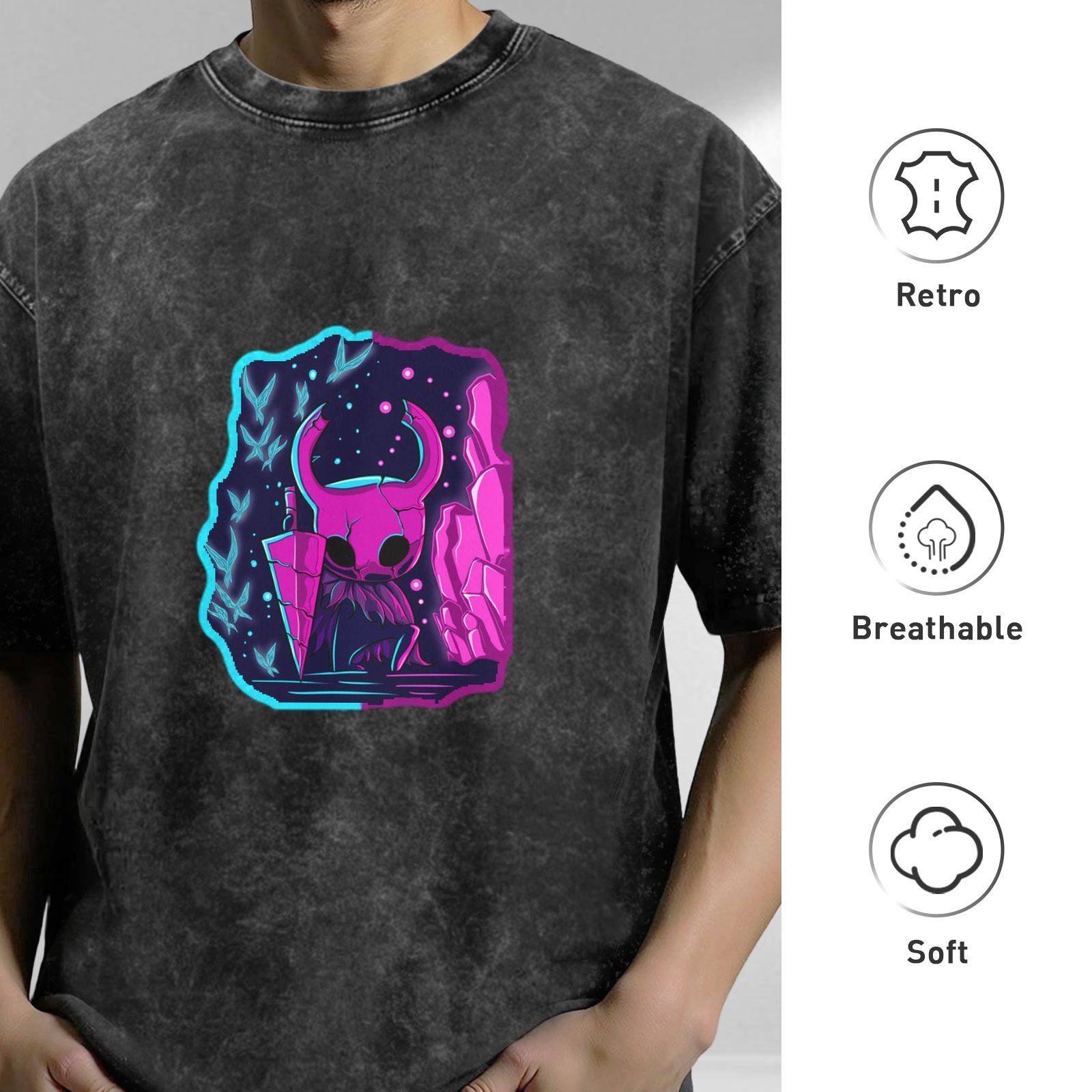 Hollow Knight neon style print distressed washed black loose short-sleeved T-shirt