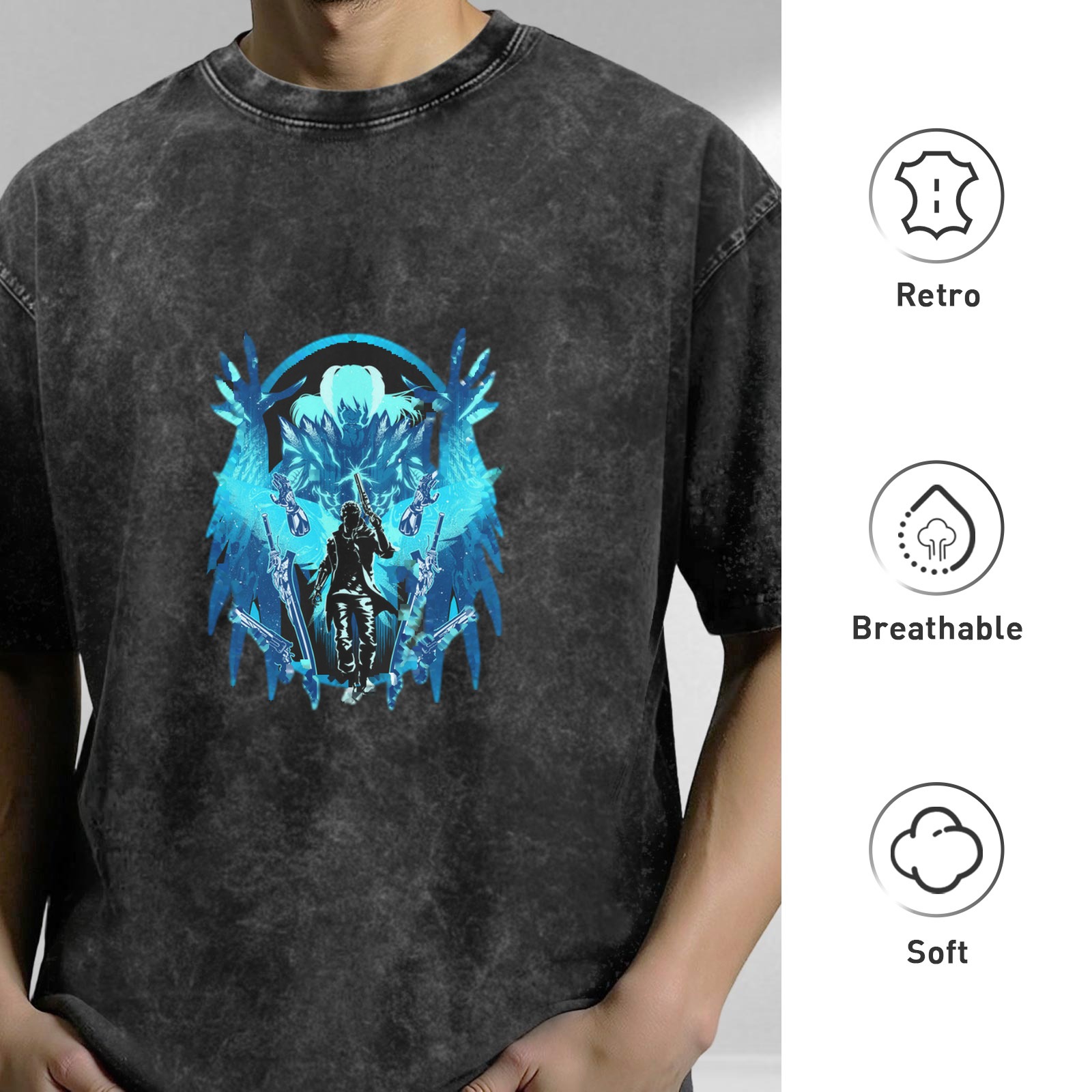 Washed Black Graphic T-Shirt With Blue Fantasy Winged Warrior Design