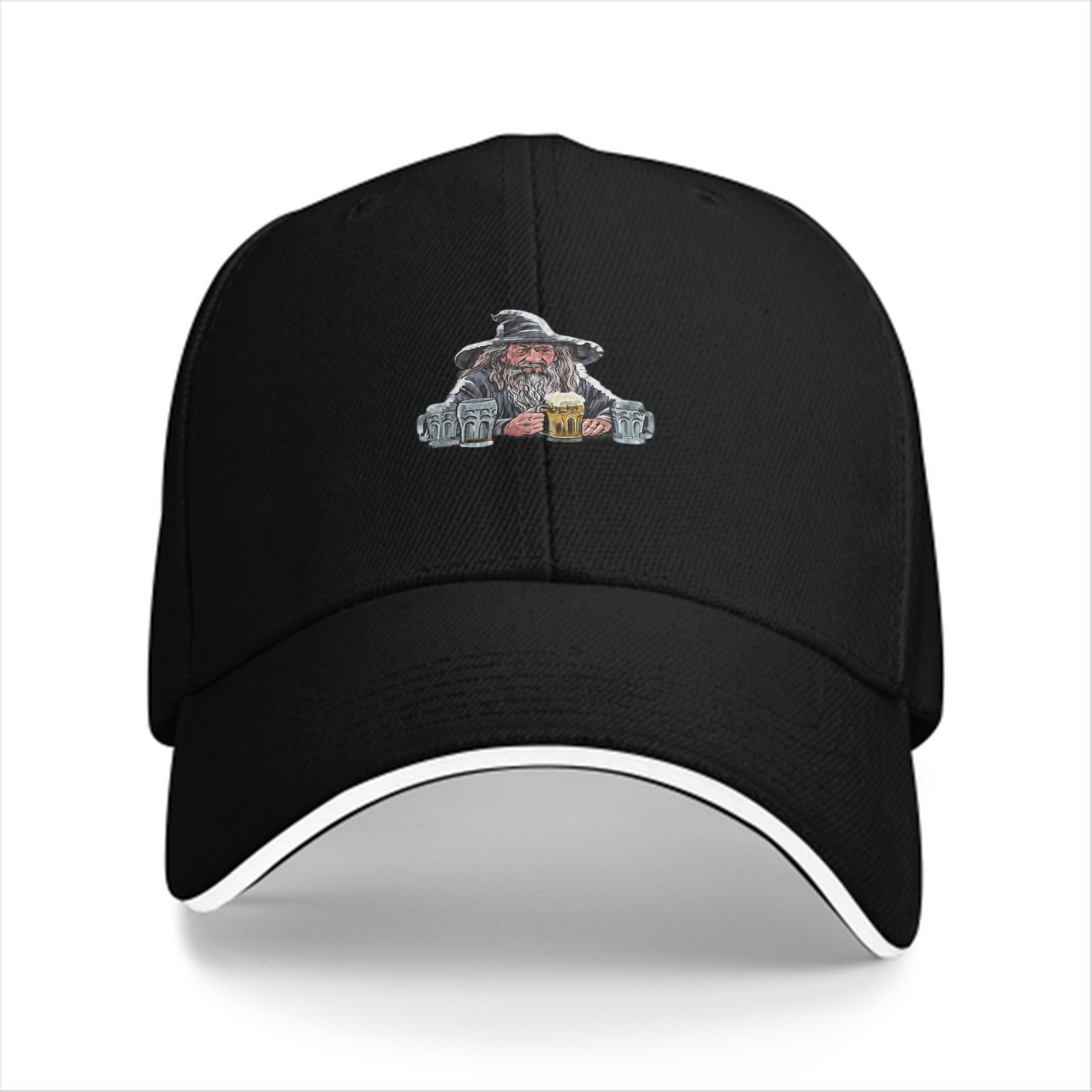 Black baseball cap with wizard holding beer mugs graphic