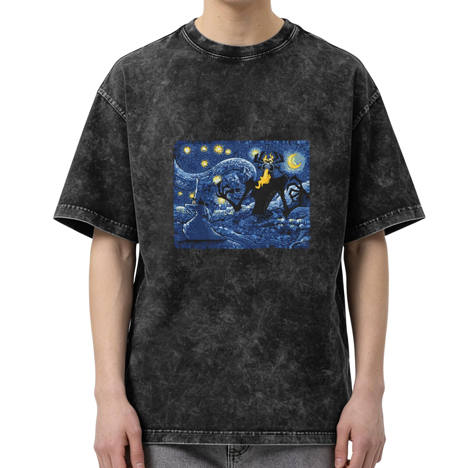 Washed Black T-Shirt with Starry Night Samurai Villain Graphic