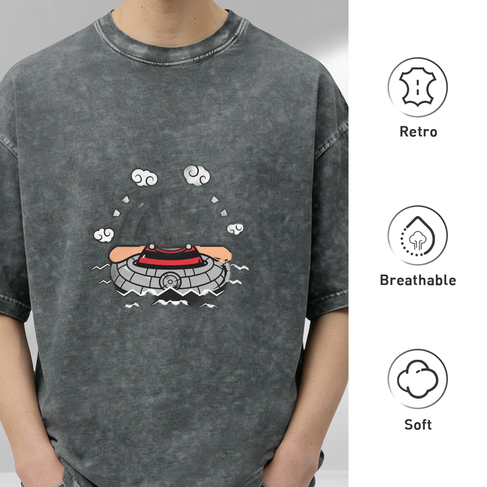 Washed Black T-Shirt With UFO Emerging From Water Graphic
