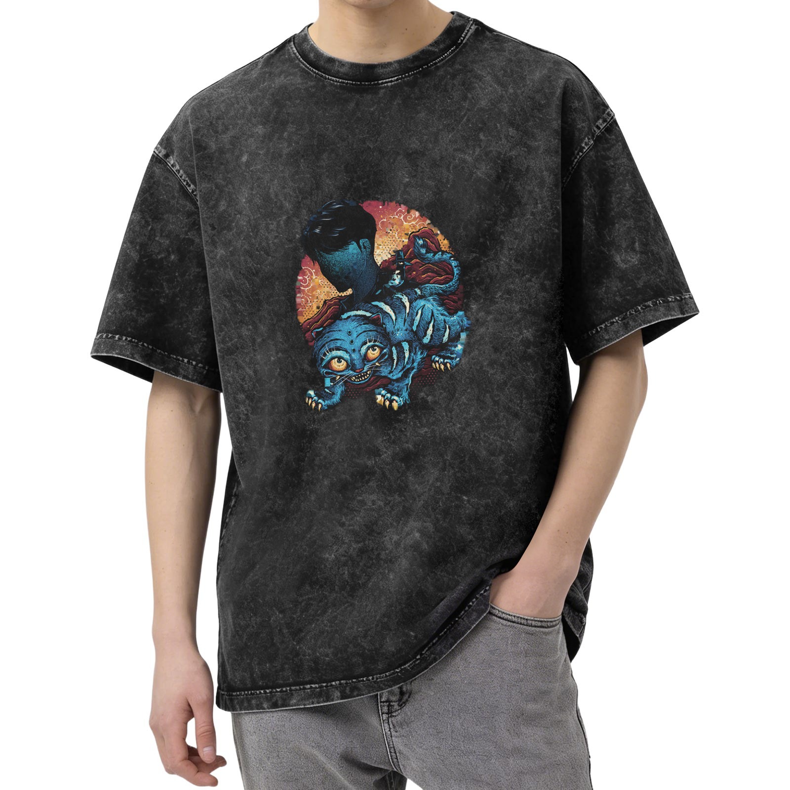 Distressed washed black loose short-sleeved T-shirt Creative blue cat monster print top
