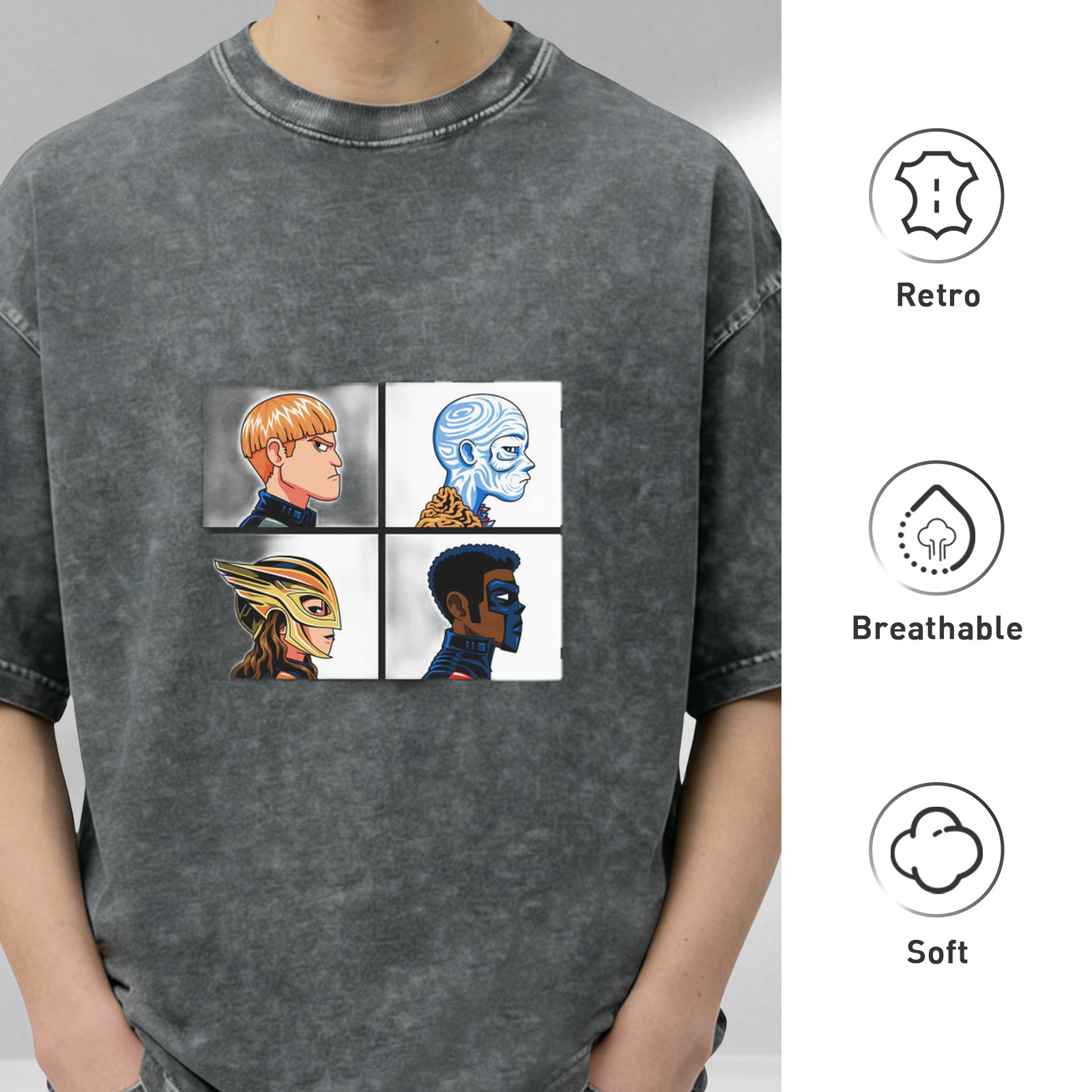 Oversized Dark Wash T-Shirt With Four Superhero Character Portraits