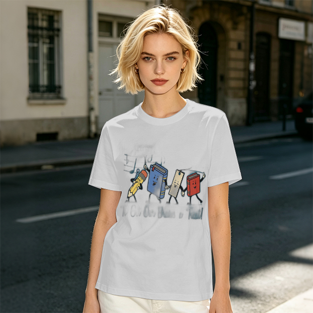 Olive Green T-Shirt with Cartoon School Supplies Graphic