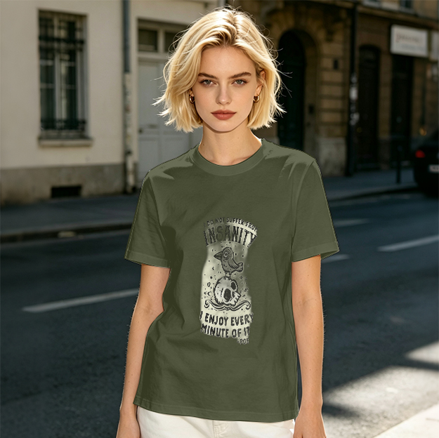 Olive Graphic T-Shirt With Insanity Skull Bird Print