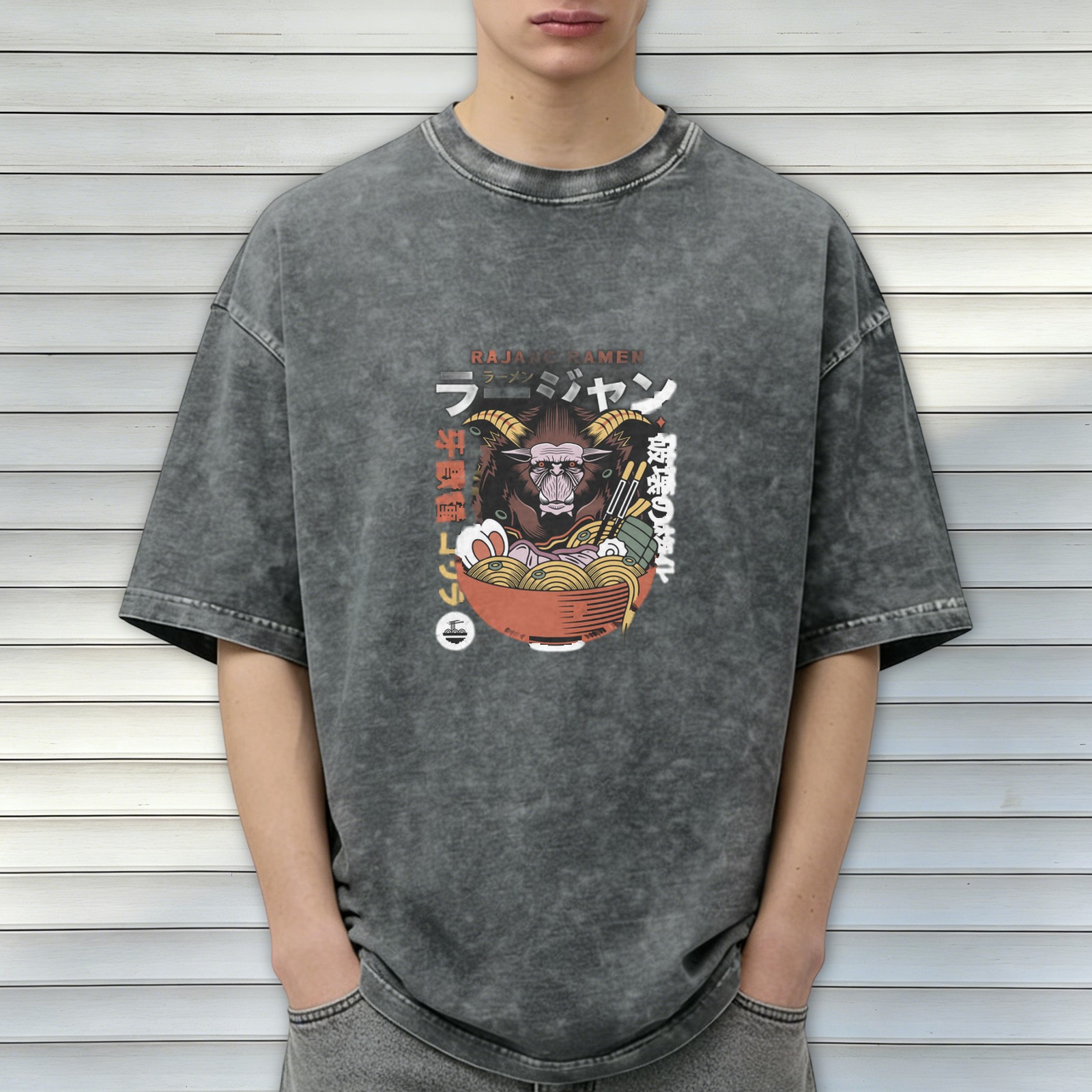 Oversized Acid Wash T-Shirt With Monster Ramen Graphic Print