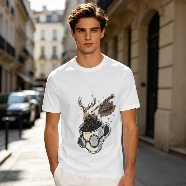 Olive T-Shirt with Espresso Patronum Deer Coffee Cup Art