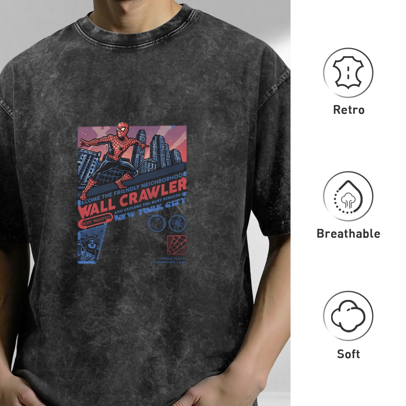 acid wash t-shirt with spider-man wall crawler graphic