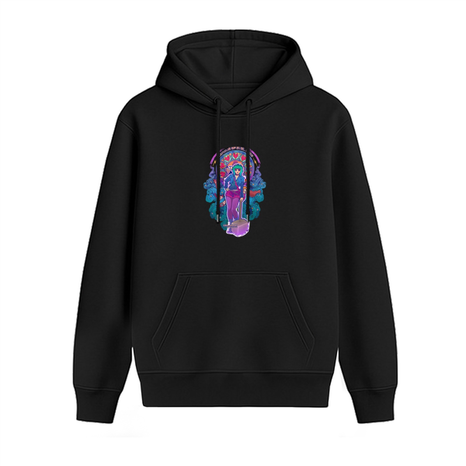 Black hoodie with vibrant psychedelic anime-style graphic print
