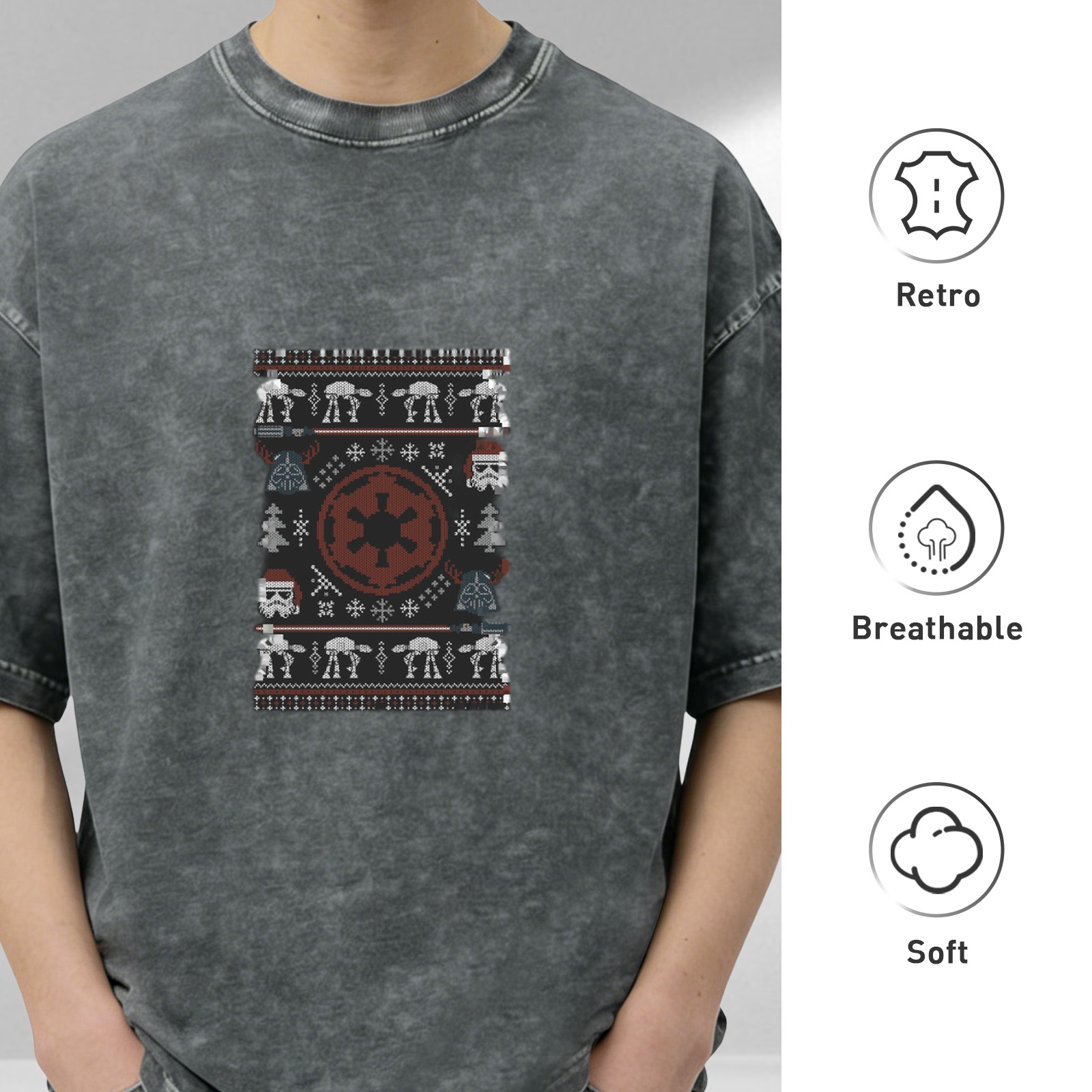 Star Wars Imperial Ugly Christmas Sweater Design Acid Wash T-Shirt