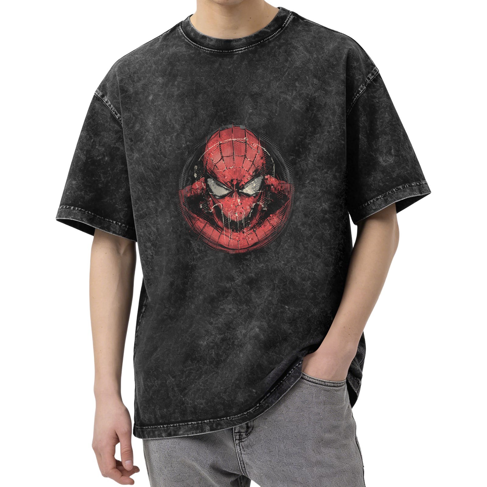 Washed Black Oversized T-Shirt with Distressed Spider-Man Mask Graphic