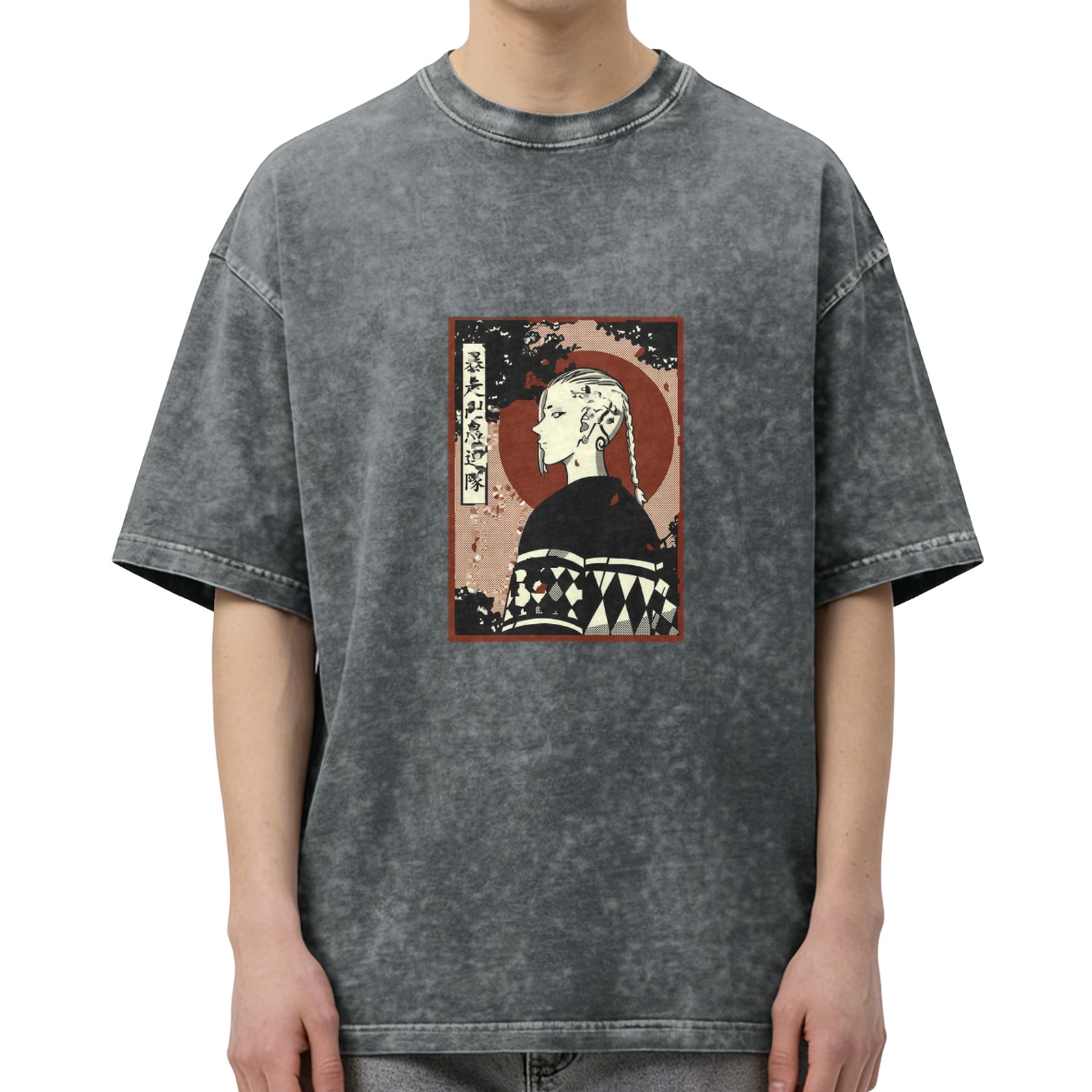 Retro washed black anime character printed short-sleeved T-shirt Street style loose shoulder top