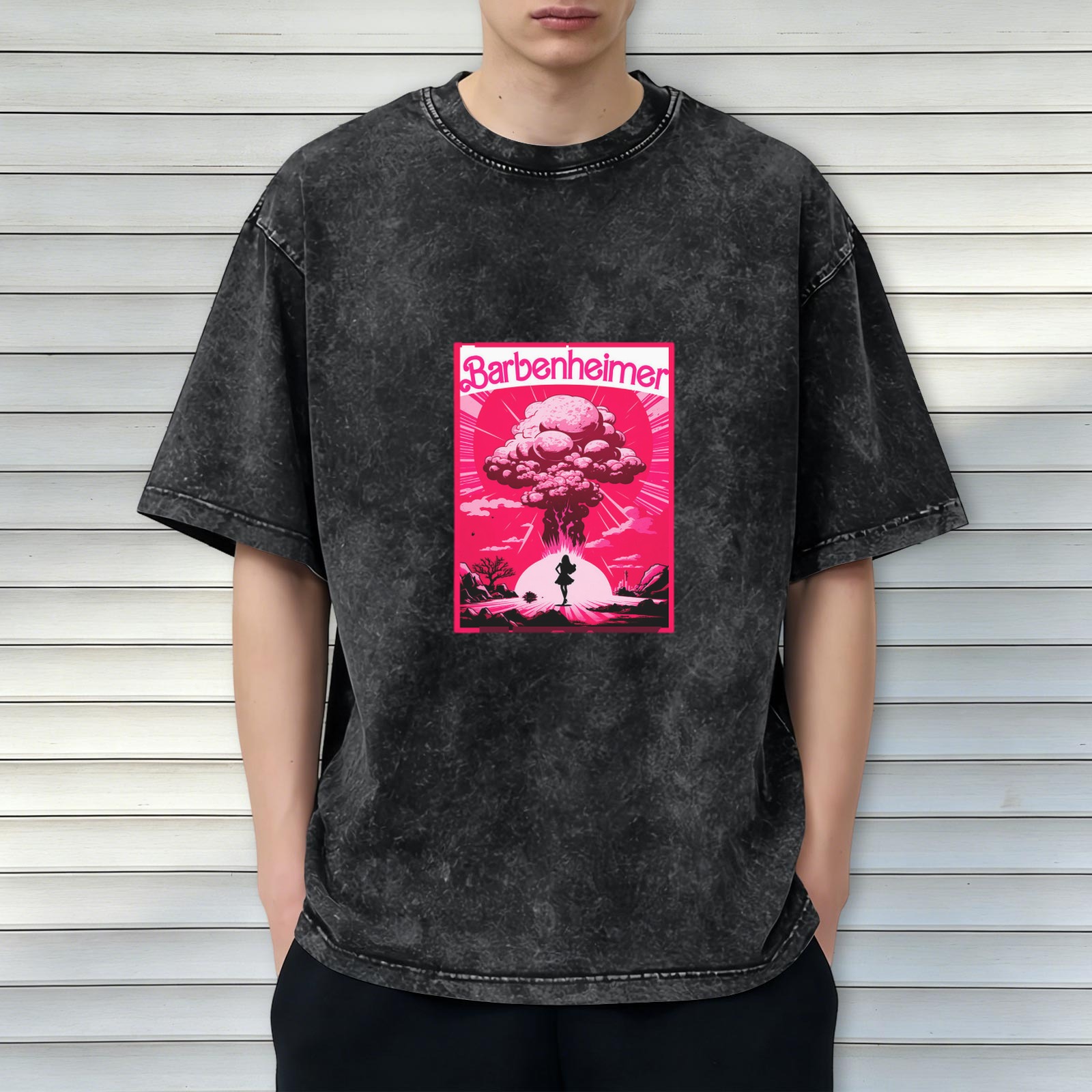 Barbenheimer Mushroom Cloud Graphic on Acid Wash Black T-Shirt